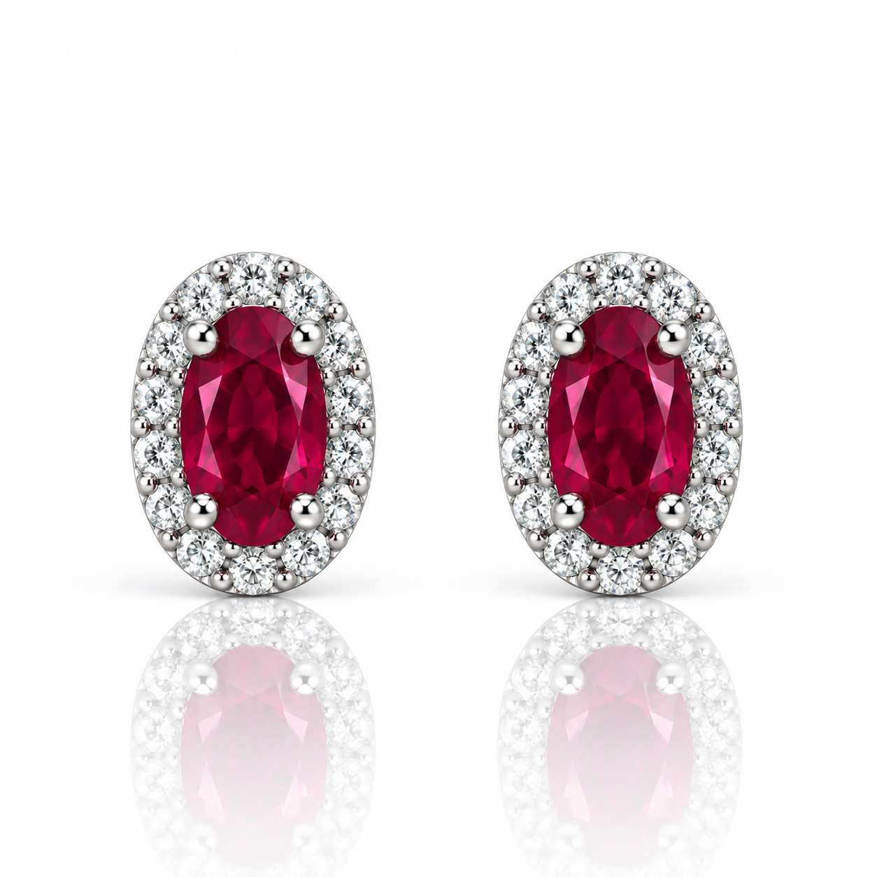9kt Oval Ruby and Diamond Halo Stud Earrings