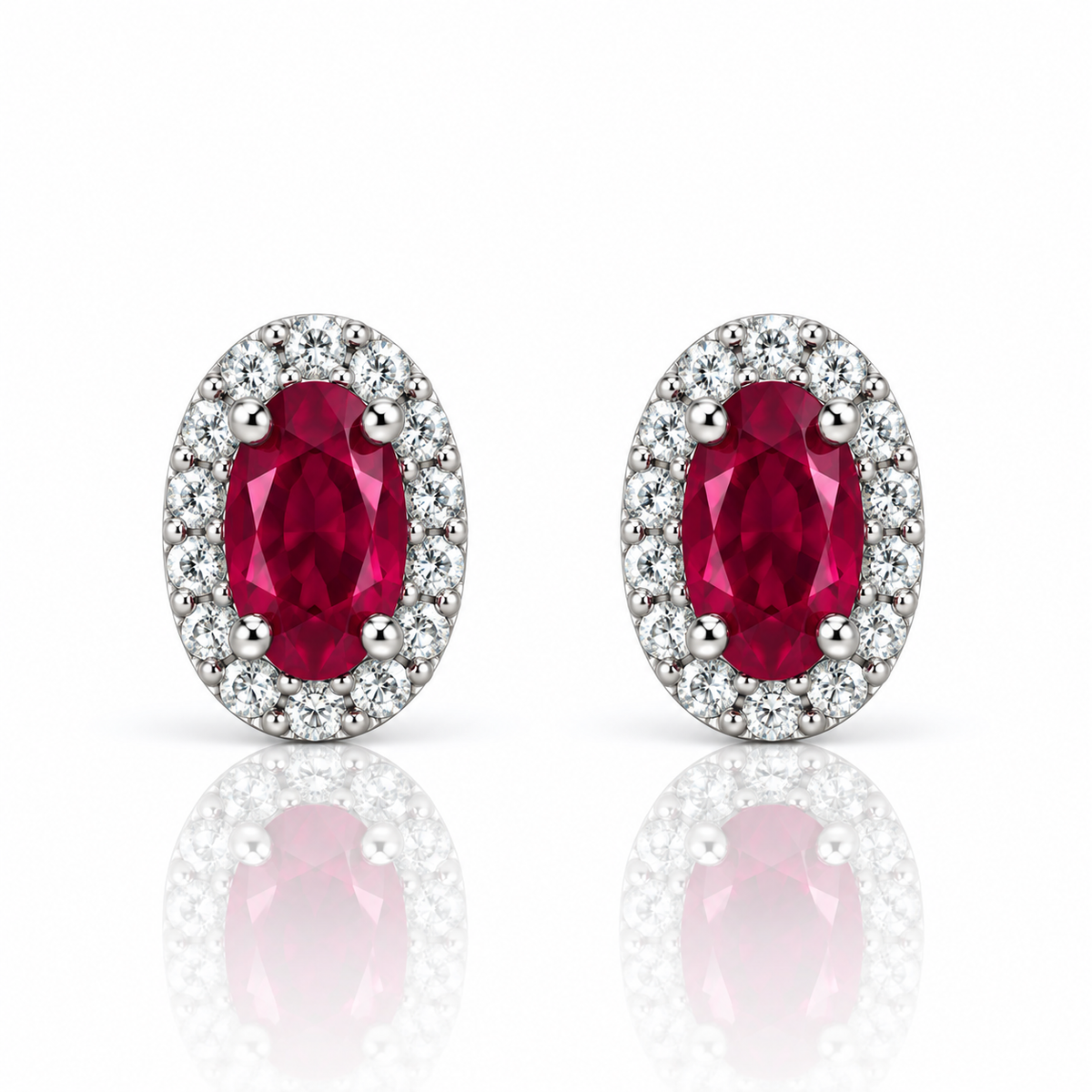 9kt Oval Ruby and Diamond Halo Stud Earrings