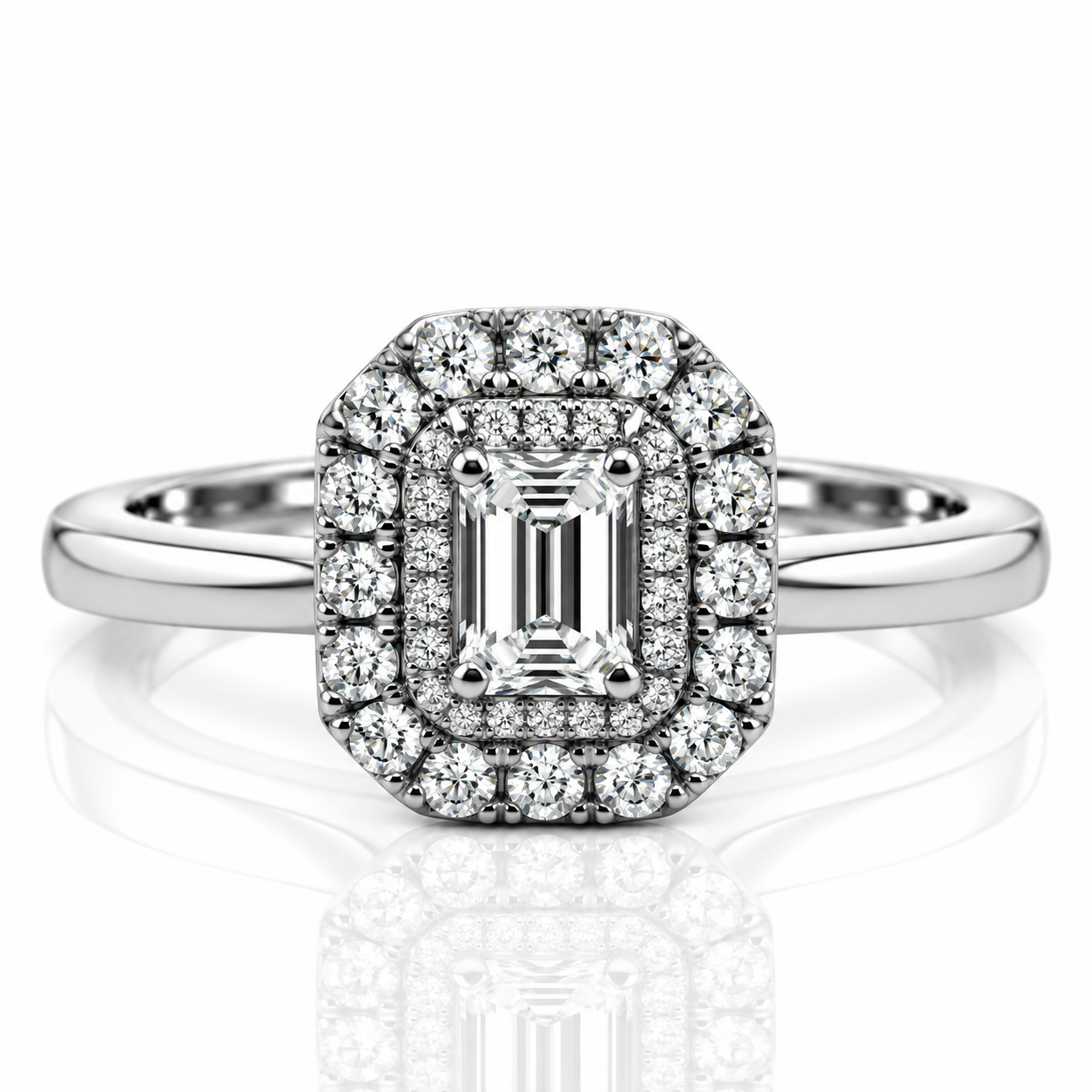 Platinum Emerald Cut Halo Diamond Engagement Ring