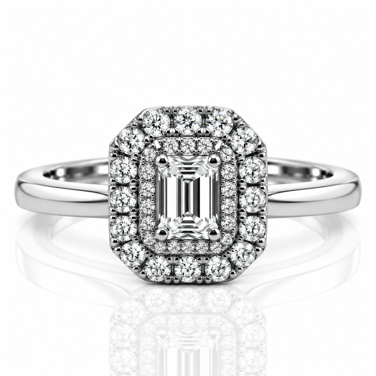 Platinum Emerald Cut Halo Diamond Engagement Ring