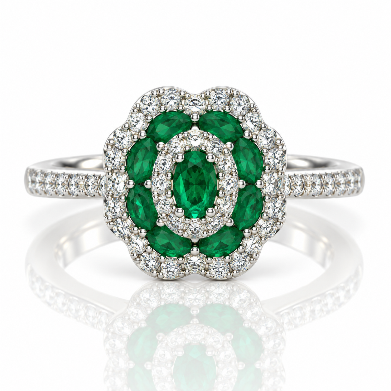 18kt Emerald and Diamond Flower Dress Ring
