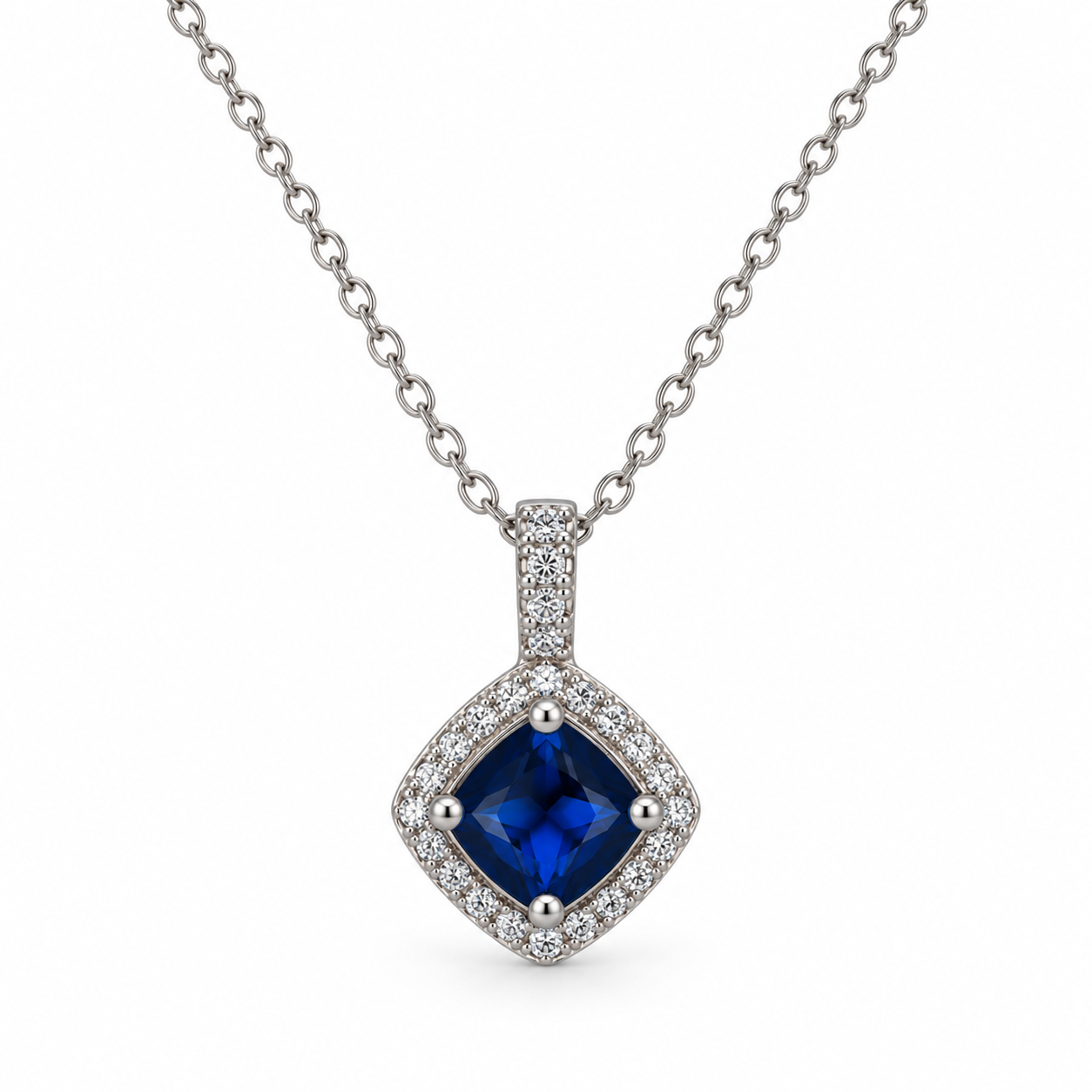 Blue Cushion Cut Halo CZ Pendant