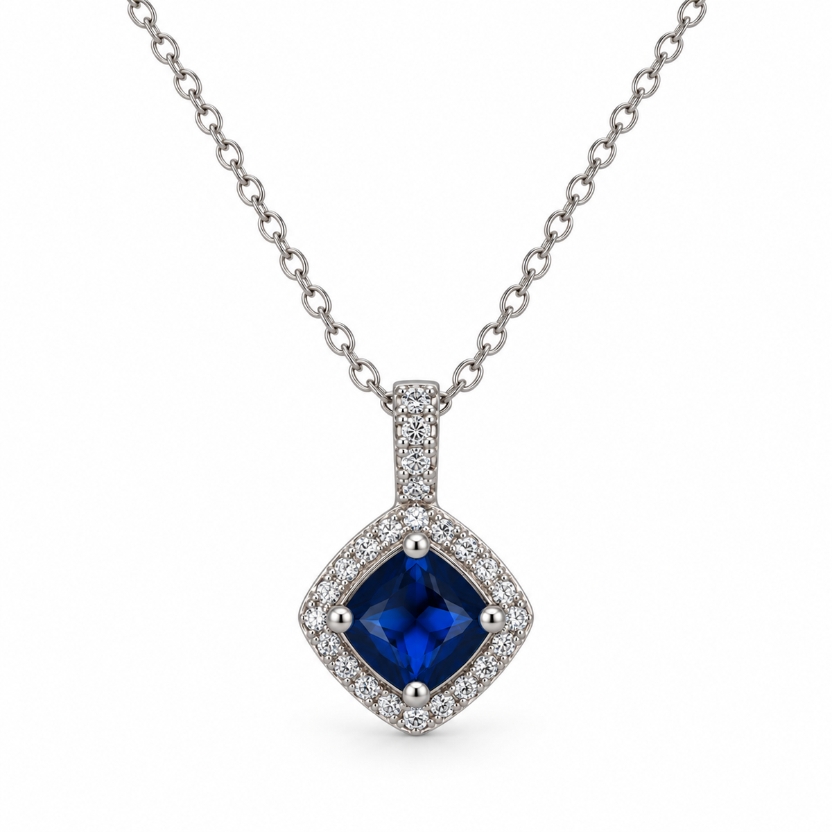 Blue Cushion Cut Halo CZ Pendant