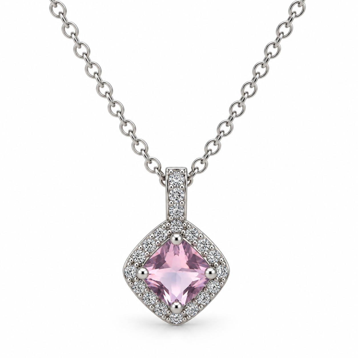 Pink Cushion Cut Halo CZ Pendant