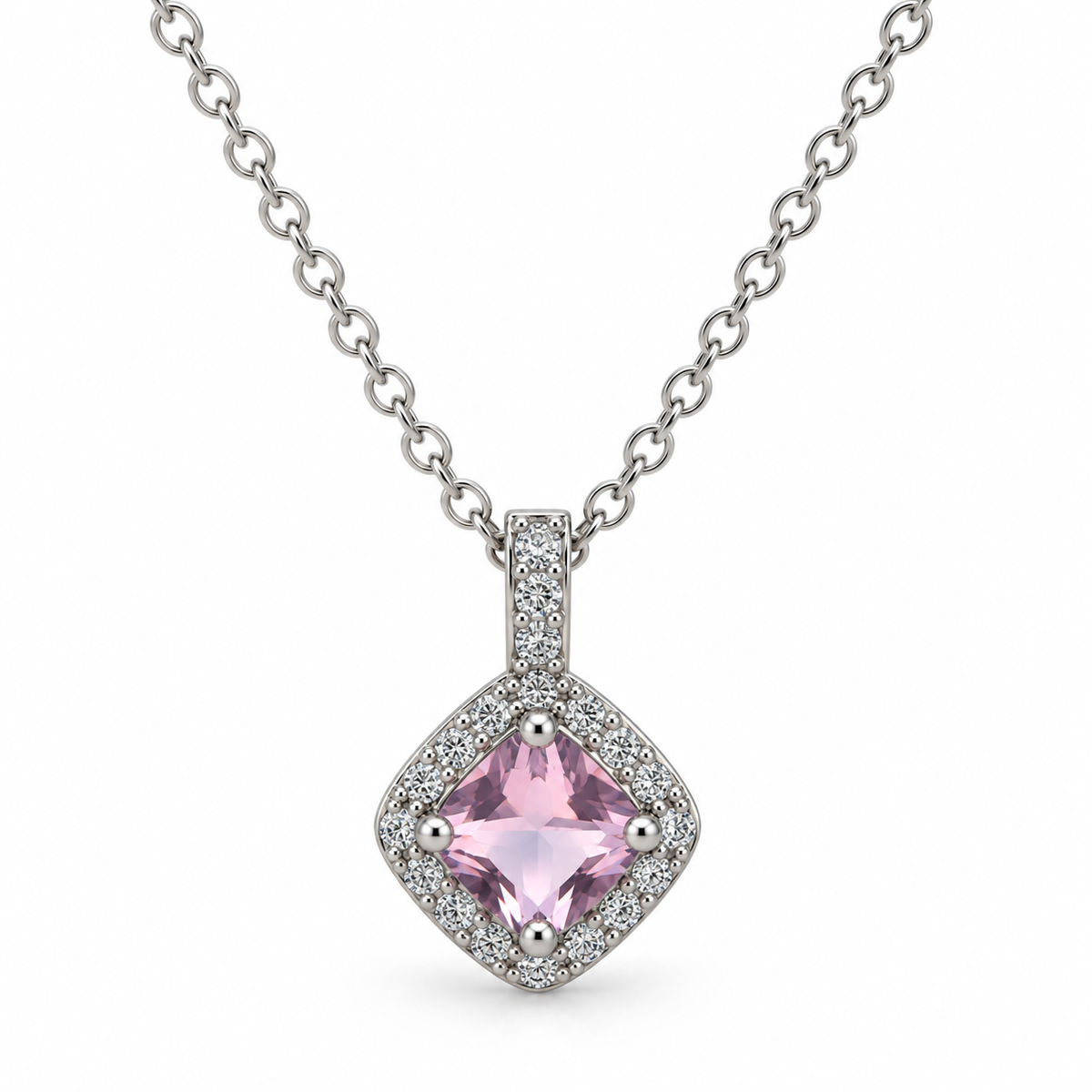 Pink Cushion Cut Halo CZ Pendant