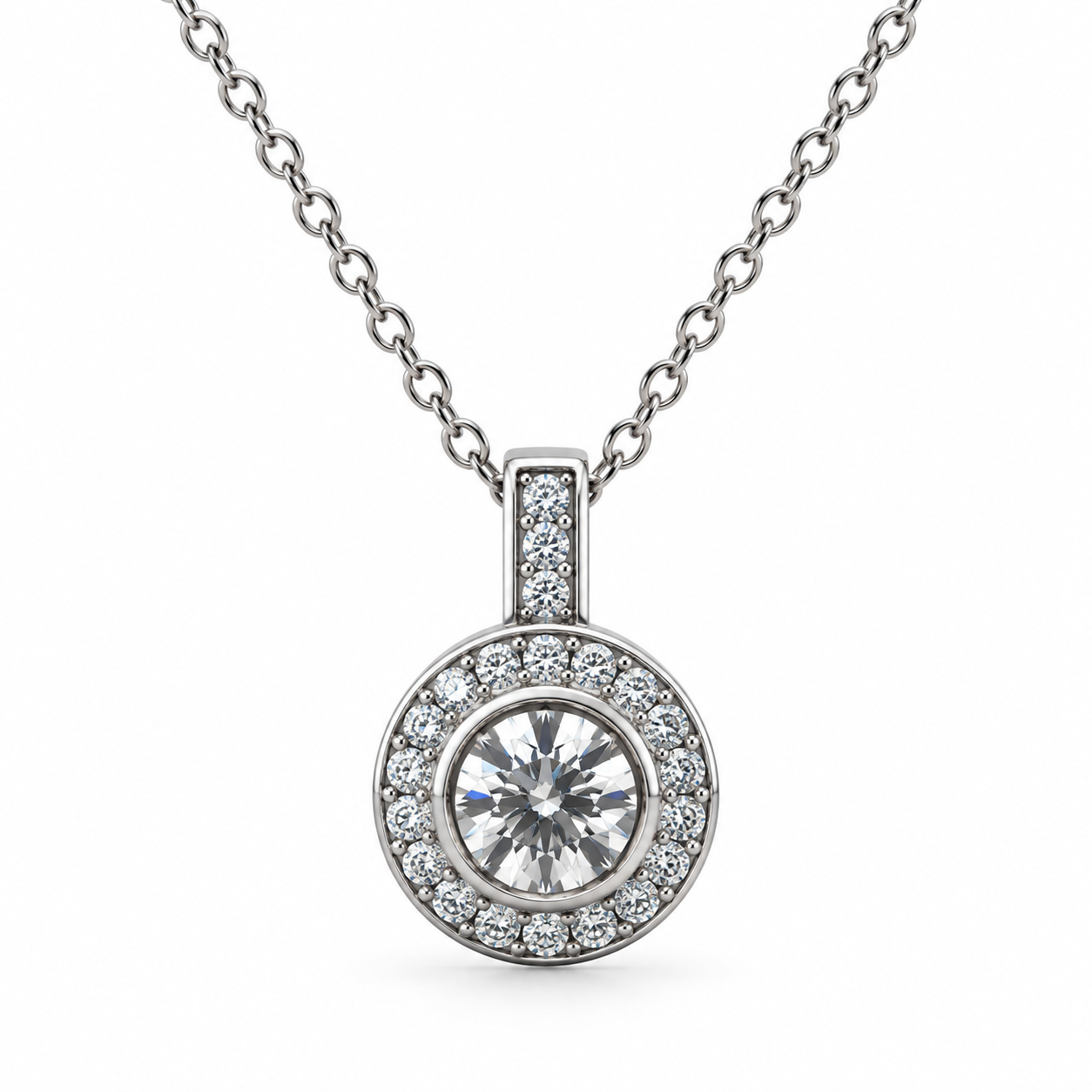 Round Halo Rubover Solitaire CZ Pendant