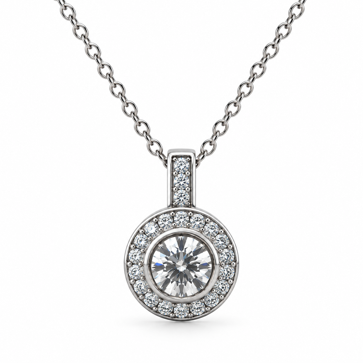 Round Halo Rubover Solitaire CZ Pendant