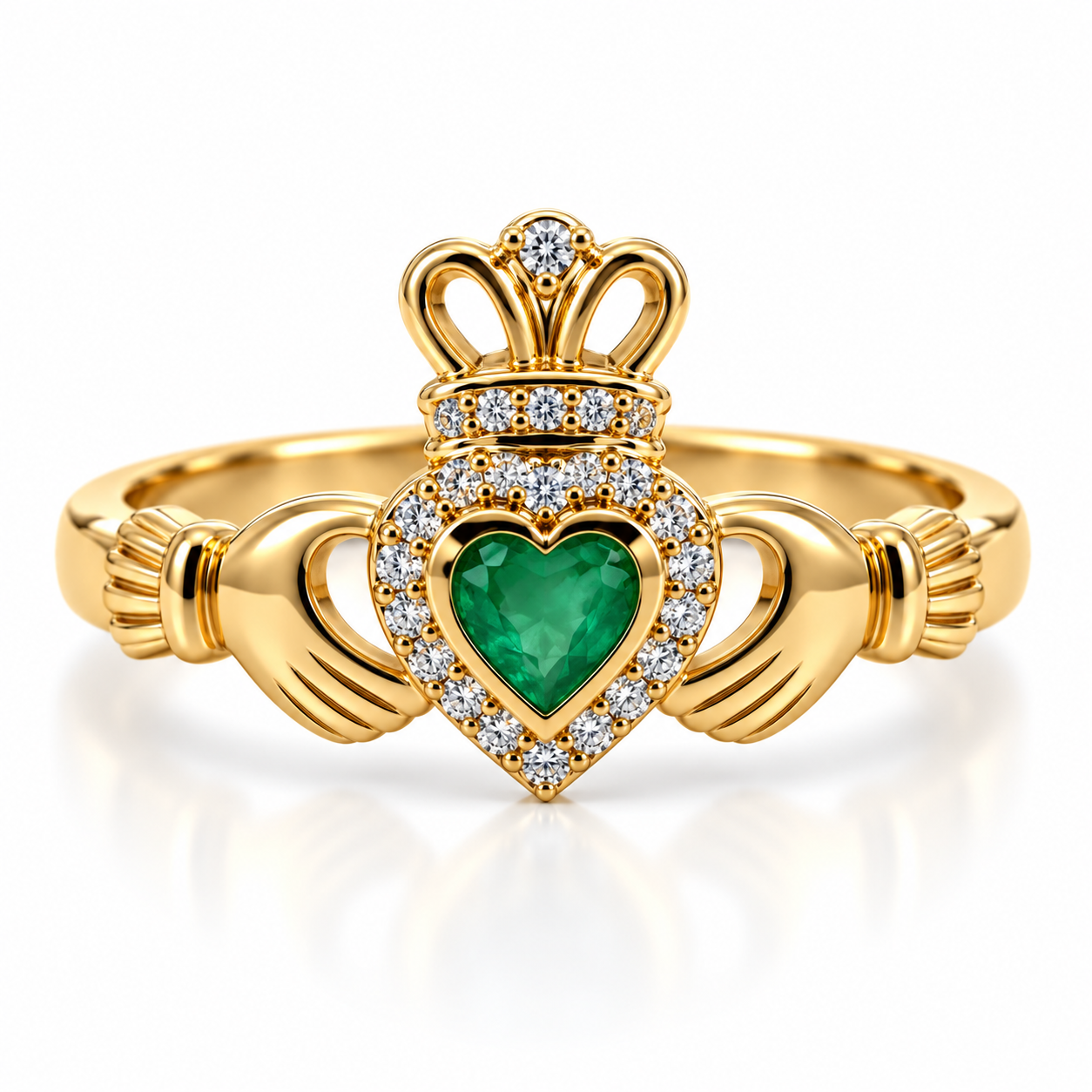 9kt Gold Diamond and Emerald Claddagh Ring