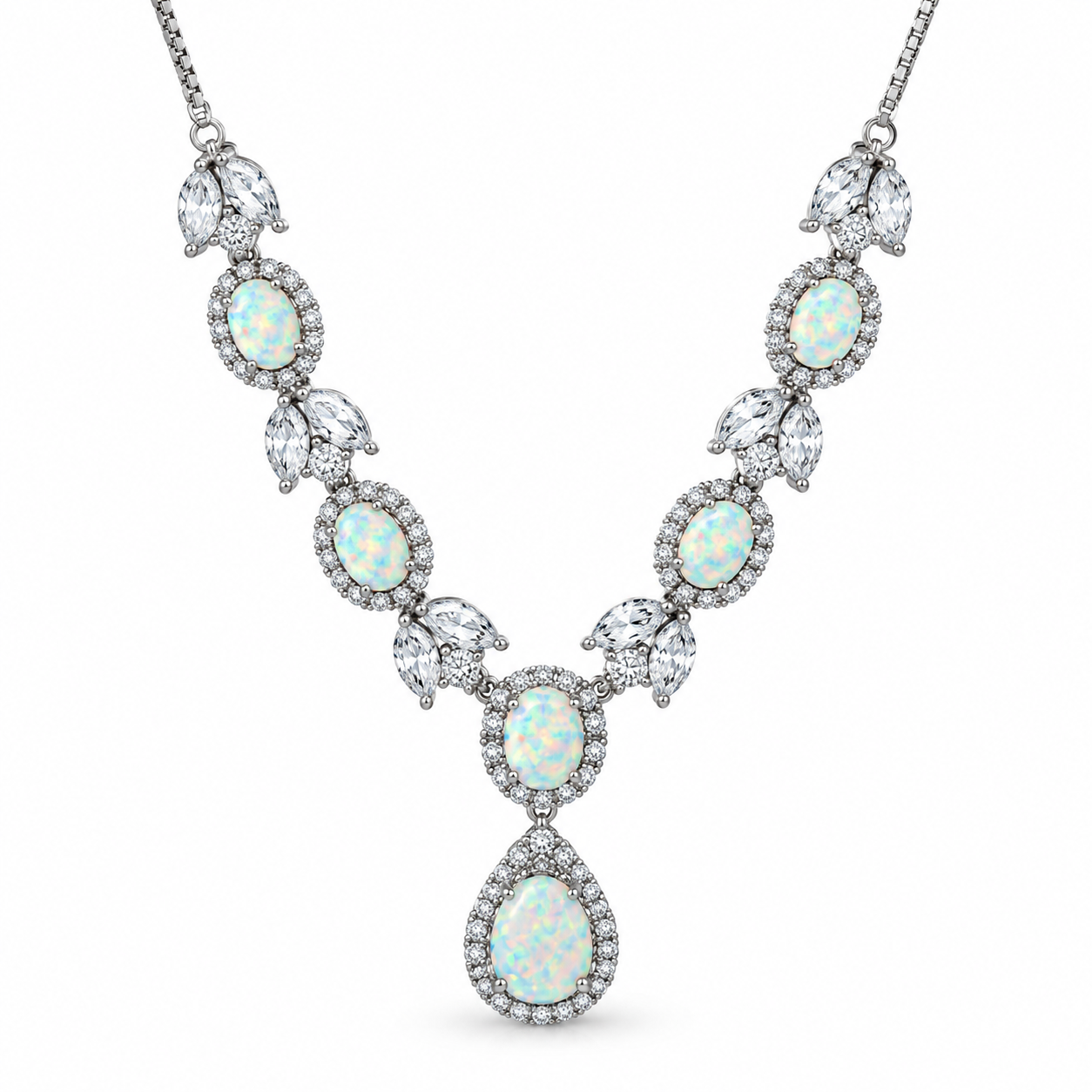 Opal and CZ Cluster Drop Necklace