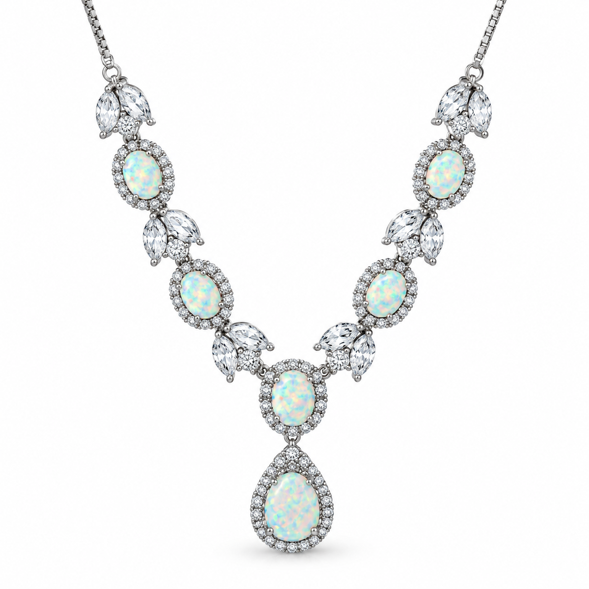 Opal and CZ Cluster Drop Necklace
