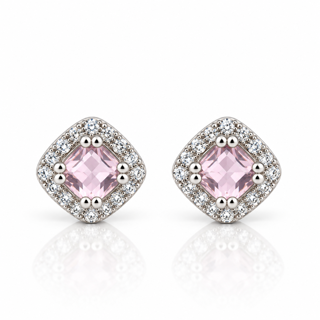 Pink CZ Cushion Halo Earrings