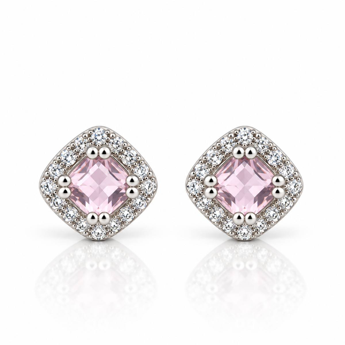 Pink CZ Cushion Halo Earrings