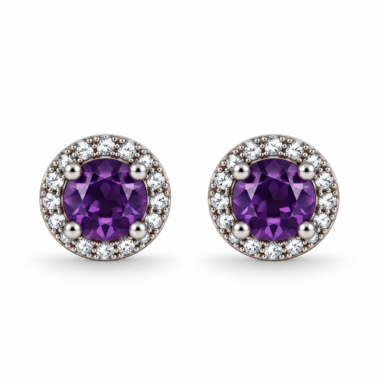 Purple CZ Round Halo Earrings