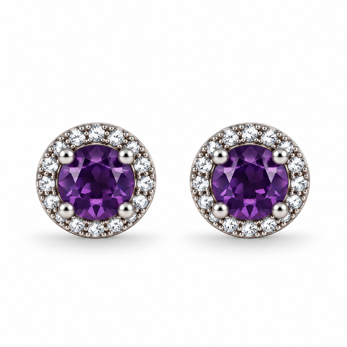 Purple CZ Round Halo Earrings