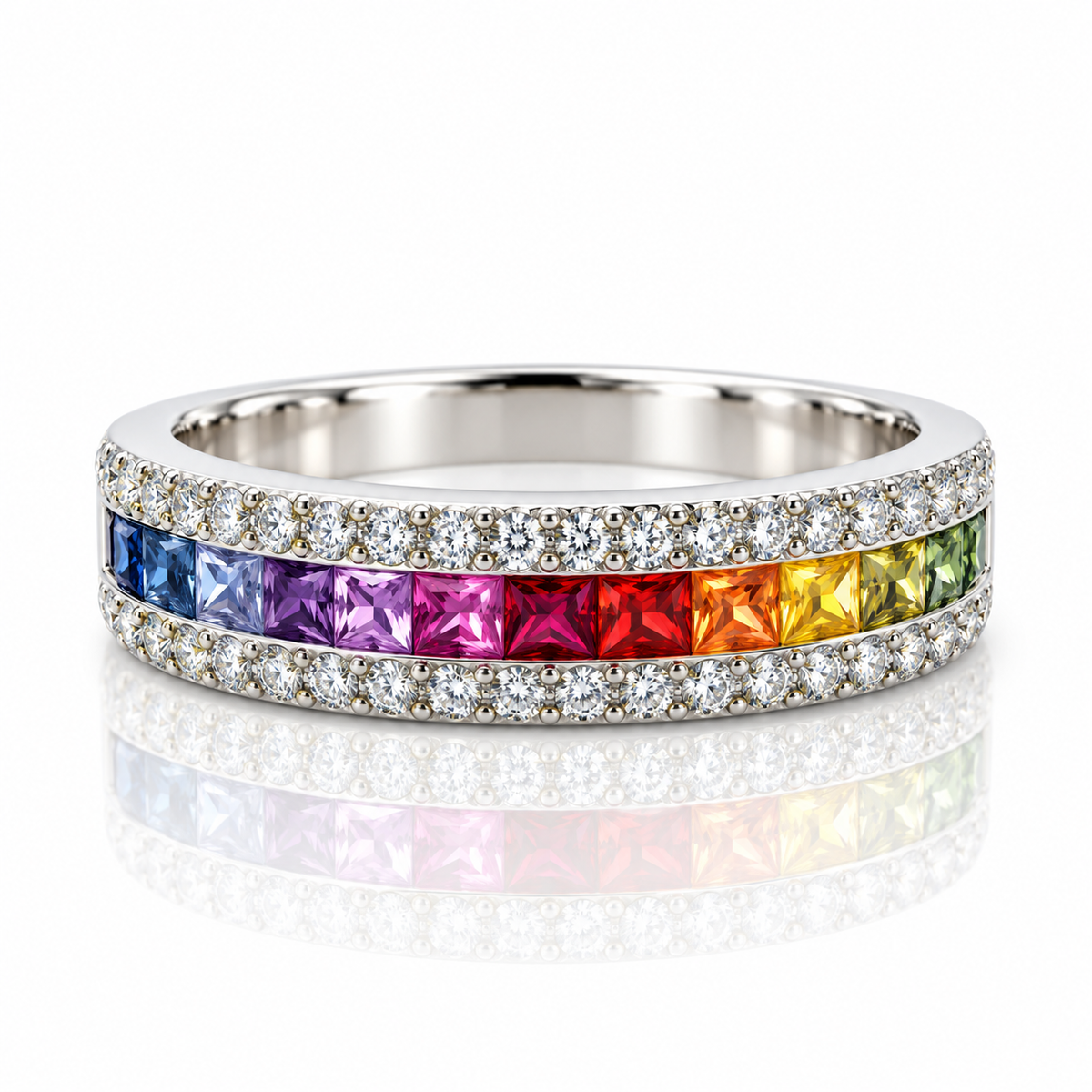 18kt Multi-Sapphire and Diamond Single Row Dress Ring
