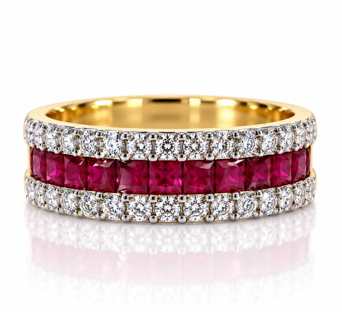 18kt Ruby and Diamond Princess and Brilliant Cut Dress Ring