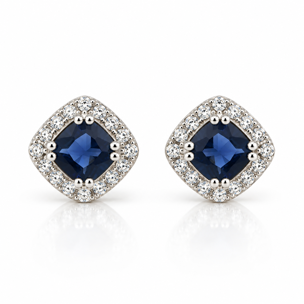 Blue CZ Cushion Halo Earrings