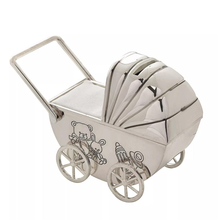Silverplate Money Box Pram/Moving Wheels
