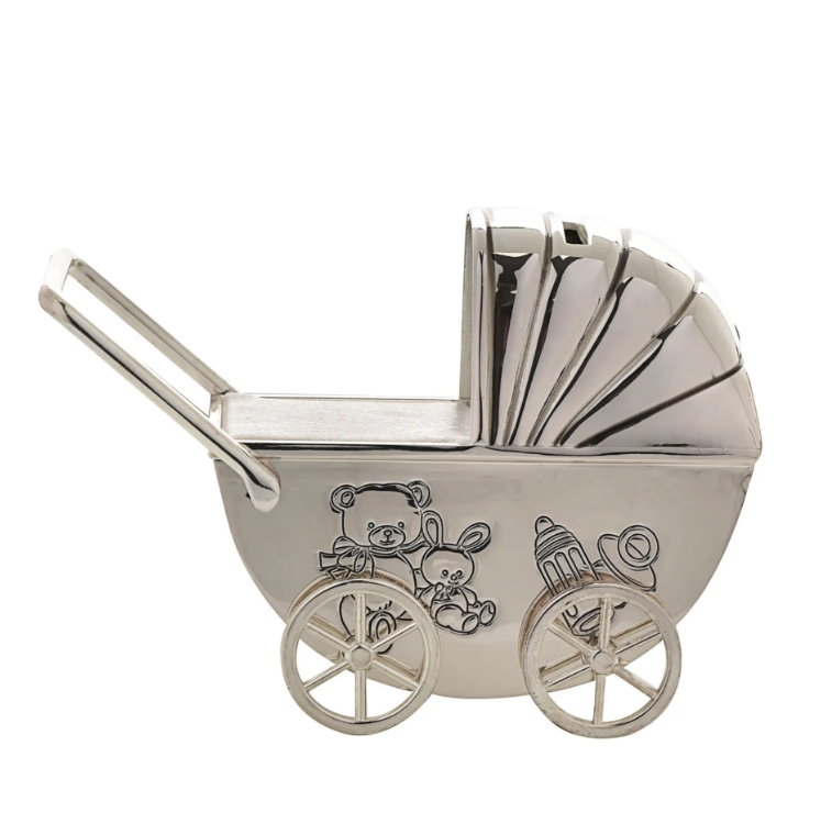 Silverplate Money Box Pram/Moving Wheels
