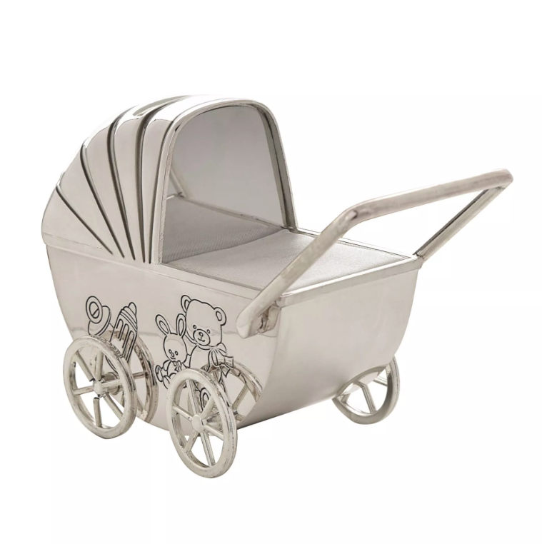 Silverplate Money Box Pram/Moving Wheels