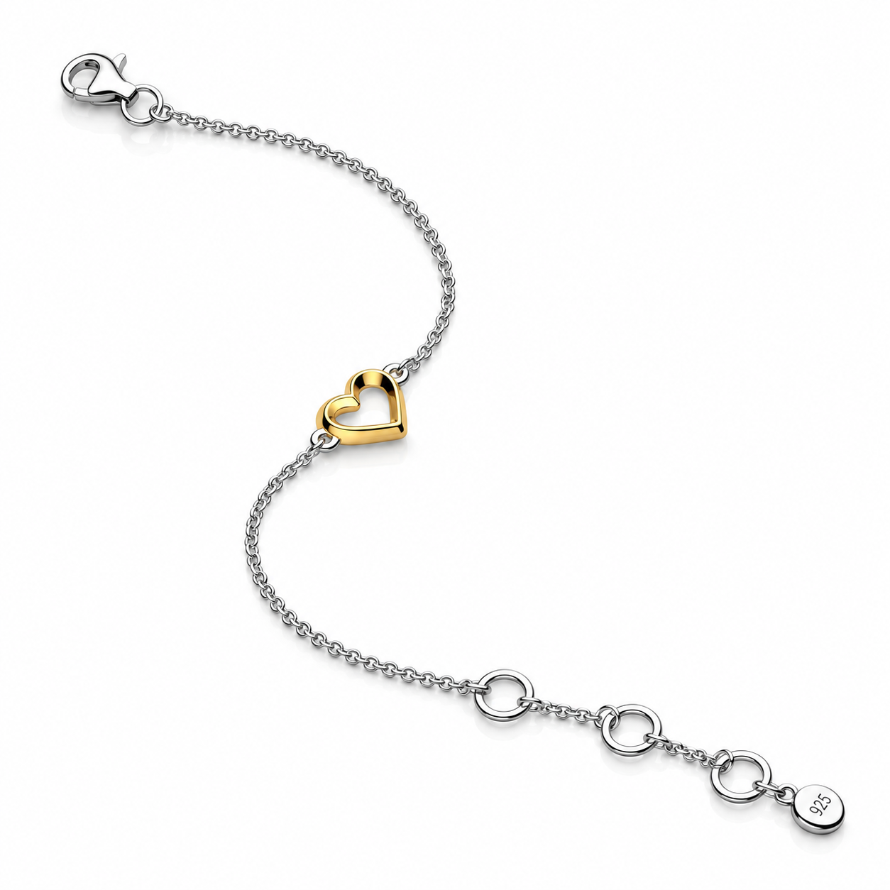 Love Silver Heart Golden Fine Outline Two-Tone Mini Bracelet