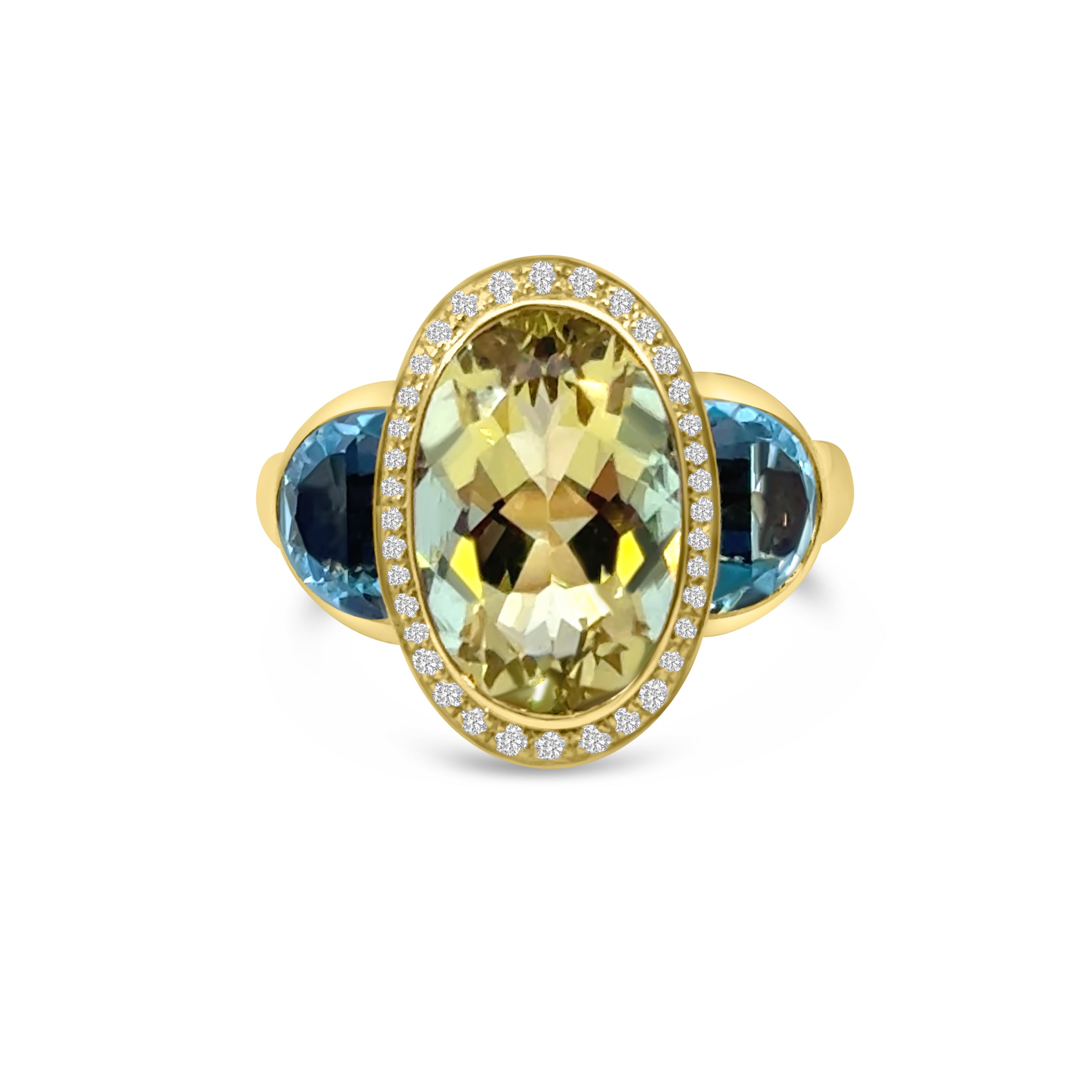 18kt Yellow Quartz, Blue Topaz and Diamond Dress Ring