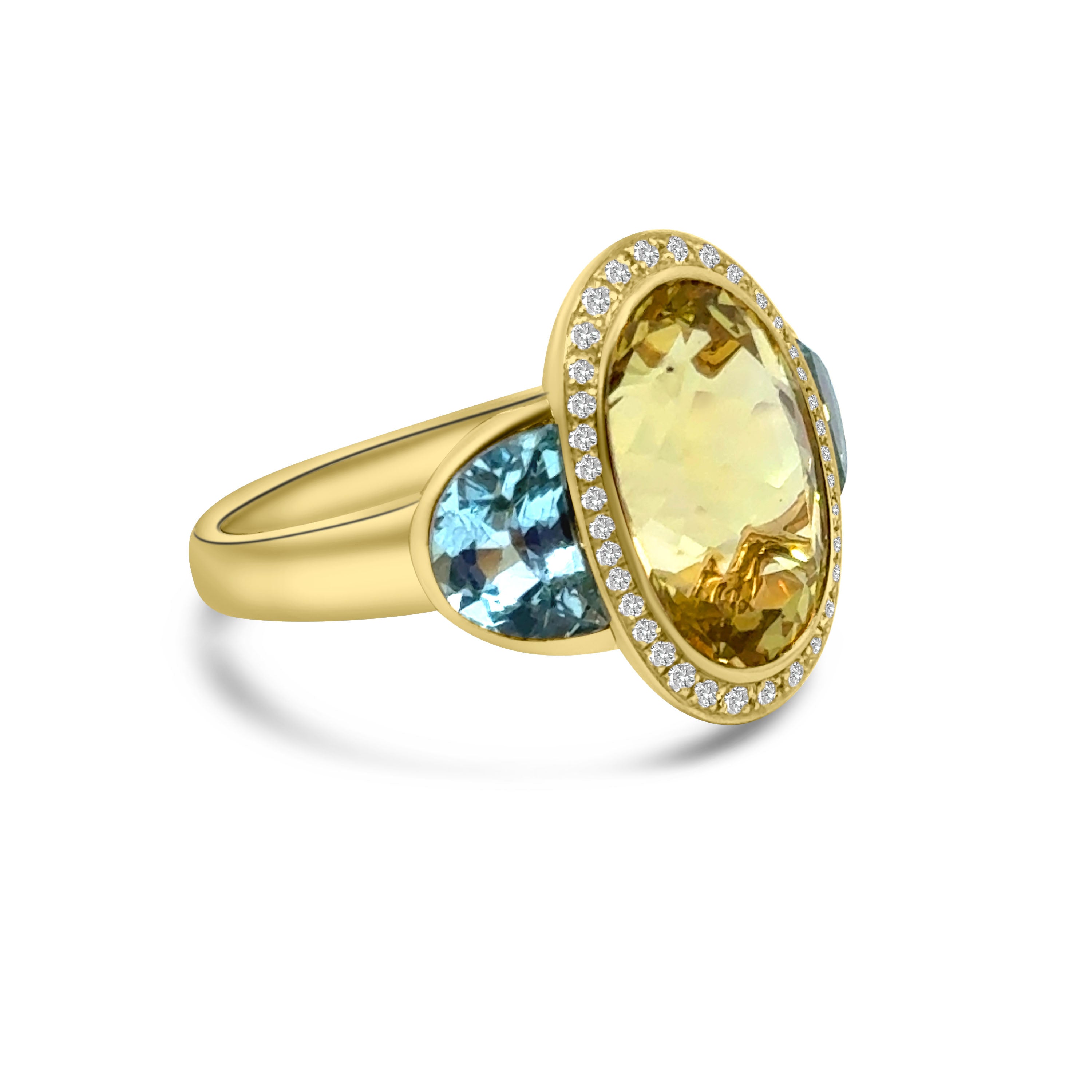 18kt Yellow Quartz, Blue Topaz and Diamond Dress Ring