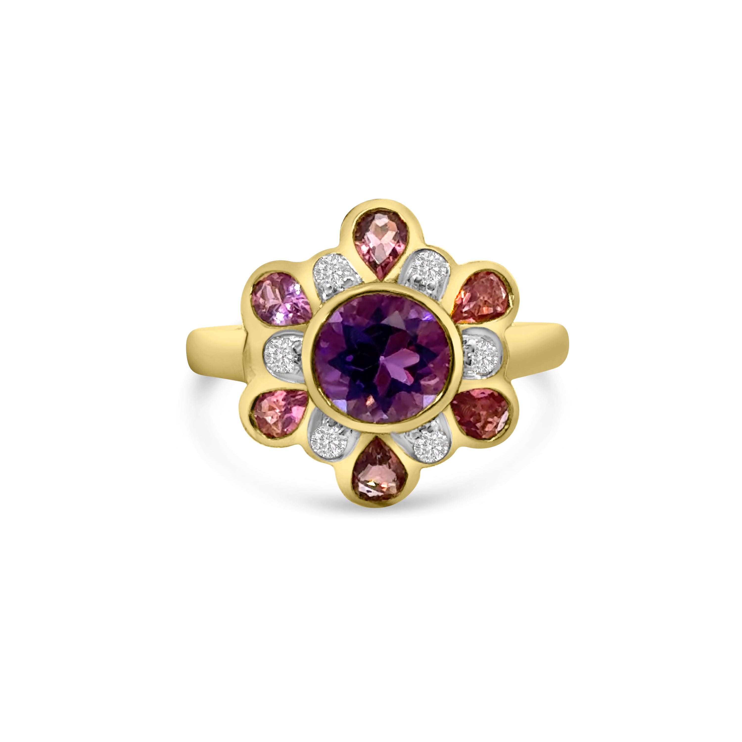 9kt Amethyst, Pink Topaz and Diamond Dress Ring