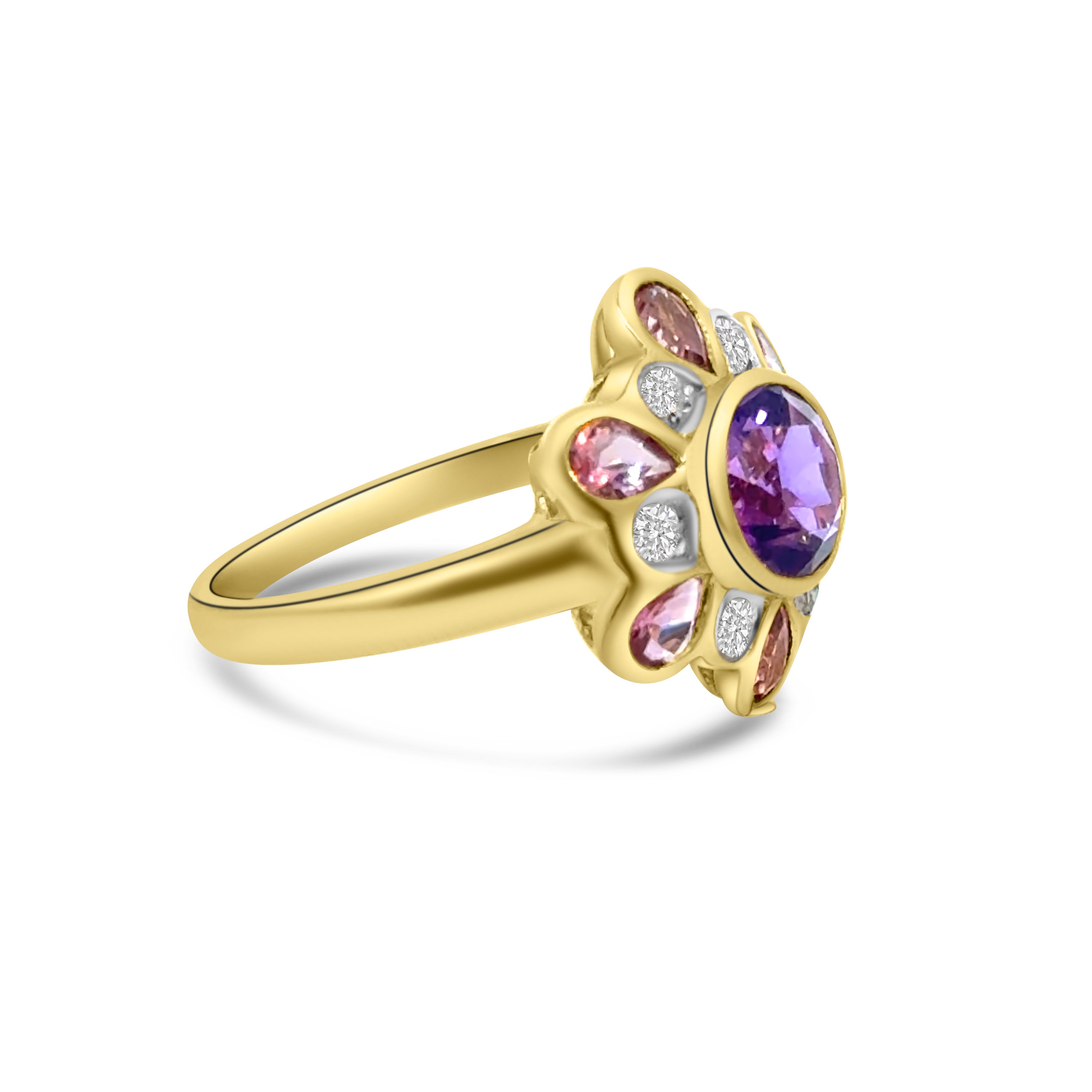 9kt Amethyst, Pink Topaz and Diamond Dress Ring