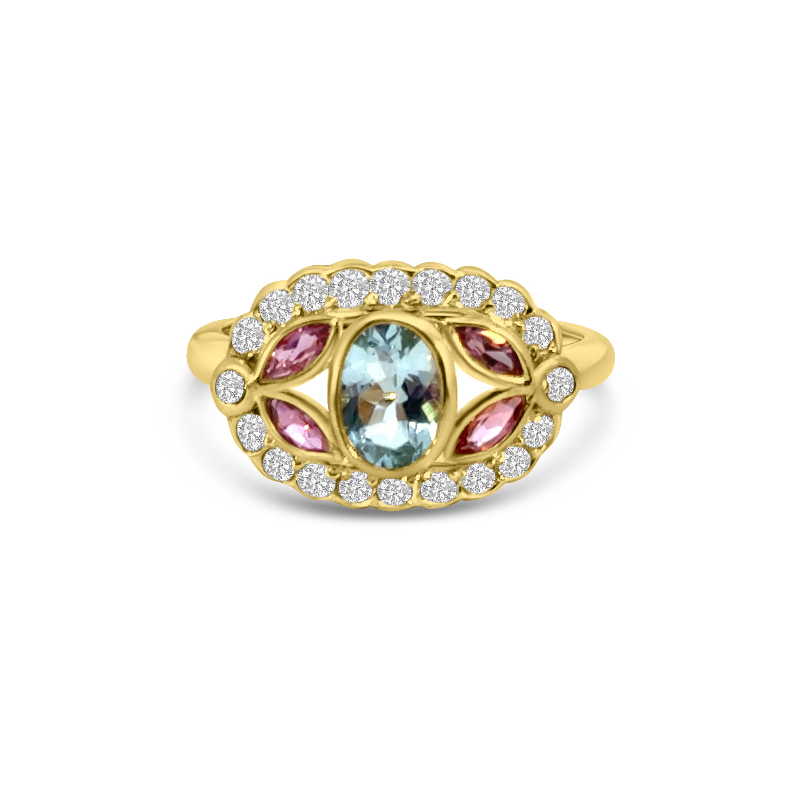 9kt Pink Tourmaline, Aquamarine and Diamond Dress Ring