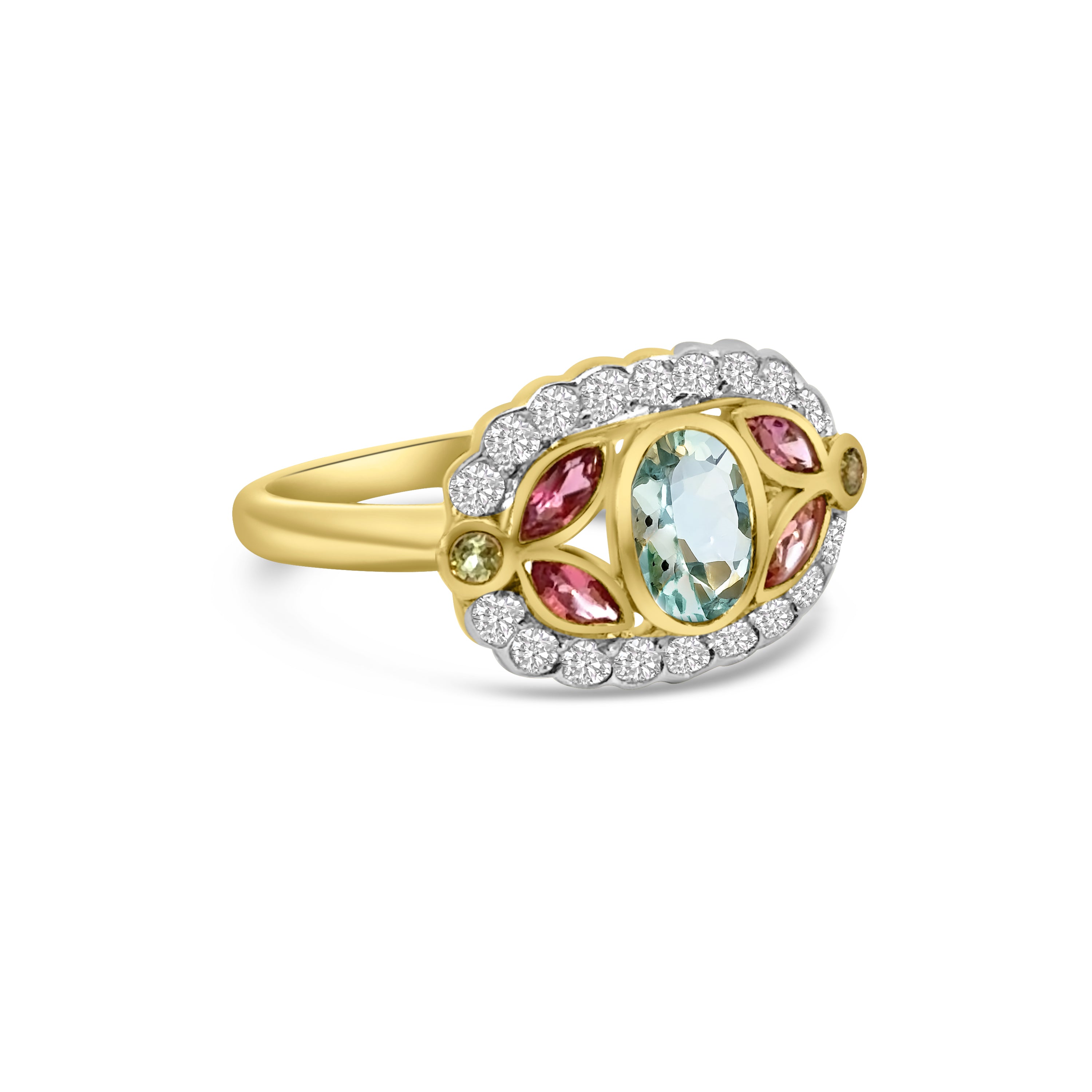 9kt Pink Tourmaline, Aquamarine and Diamond Dress Ring