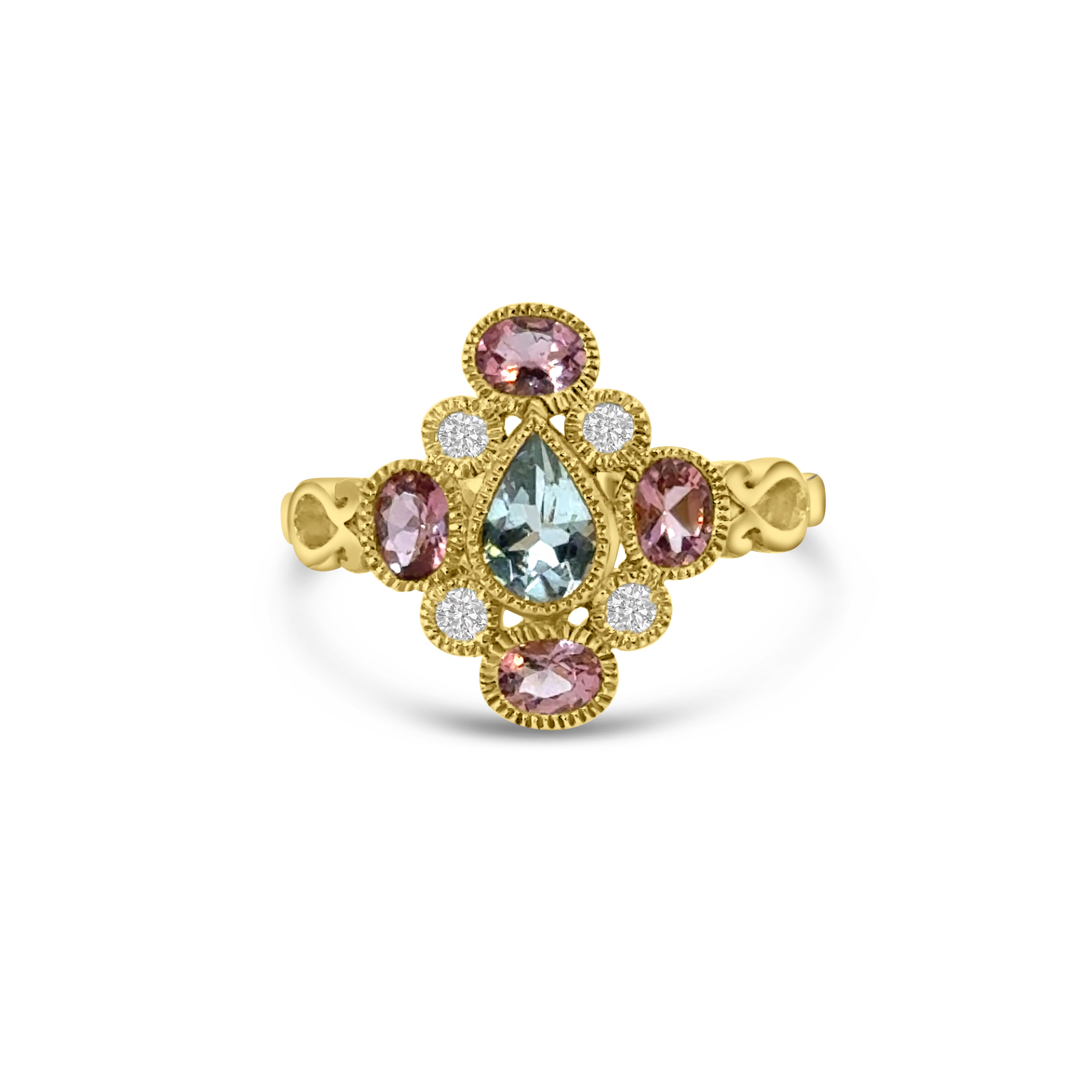 9kt Pink Tourmaline, Aquamarine and Diamond Vintage Style Dress Ring