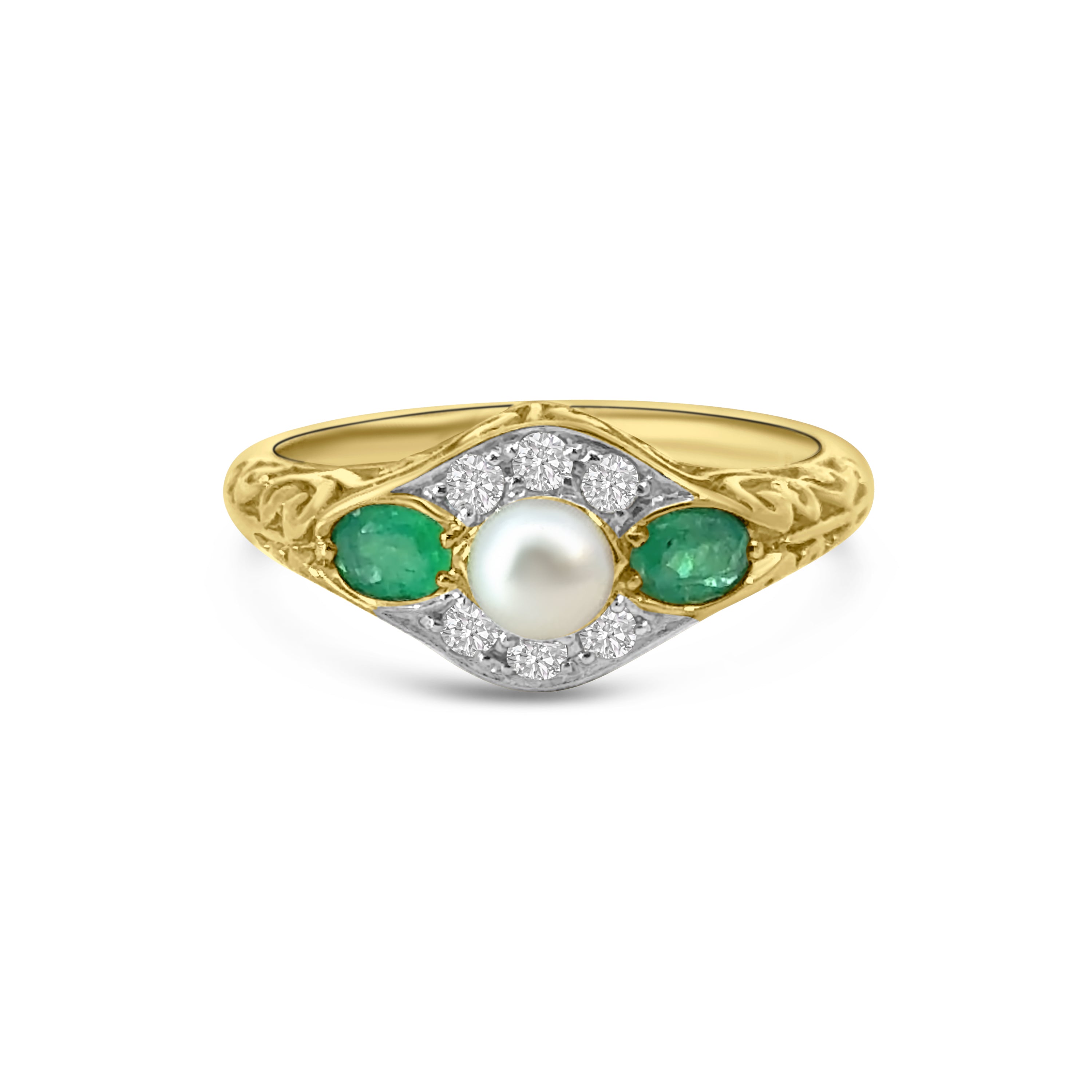 9kt Emerald, Diamond and Pearl Dress Ring