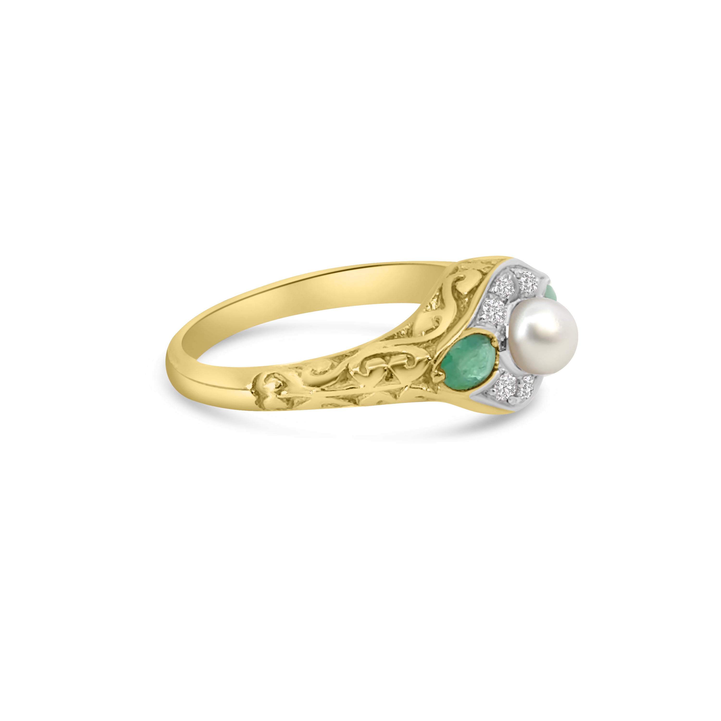 9kt Emerald, Diamond and Pearl Dress Ring