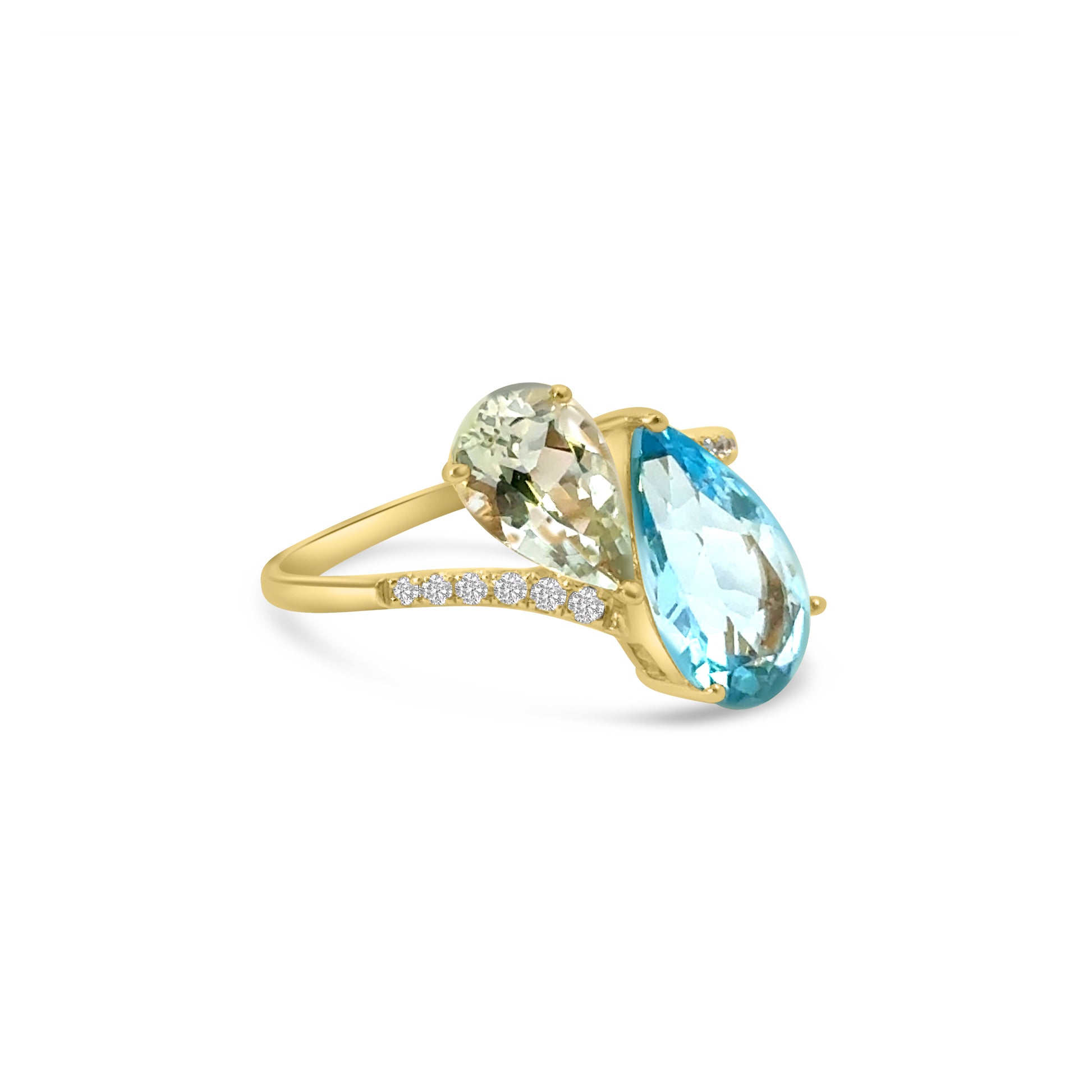 18kt Blue Topaz, Green Amethyst and Diamond Toi et Moi Ring