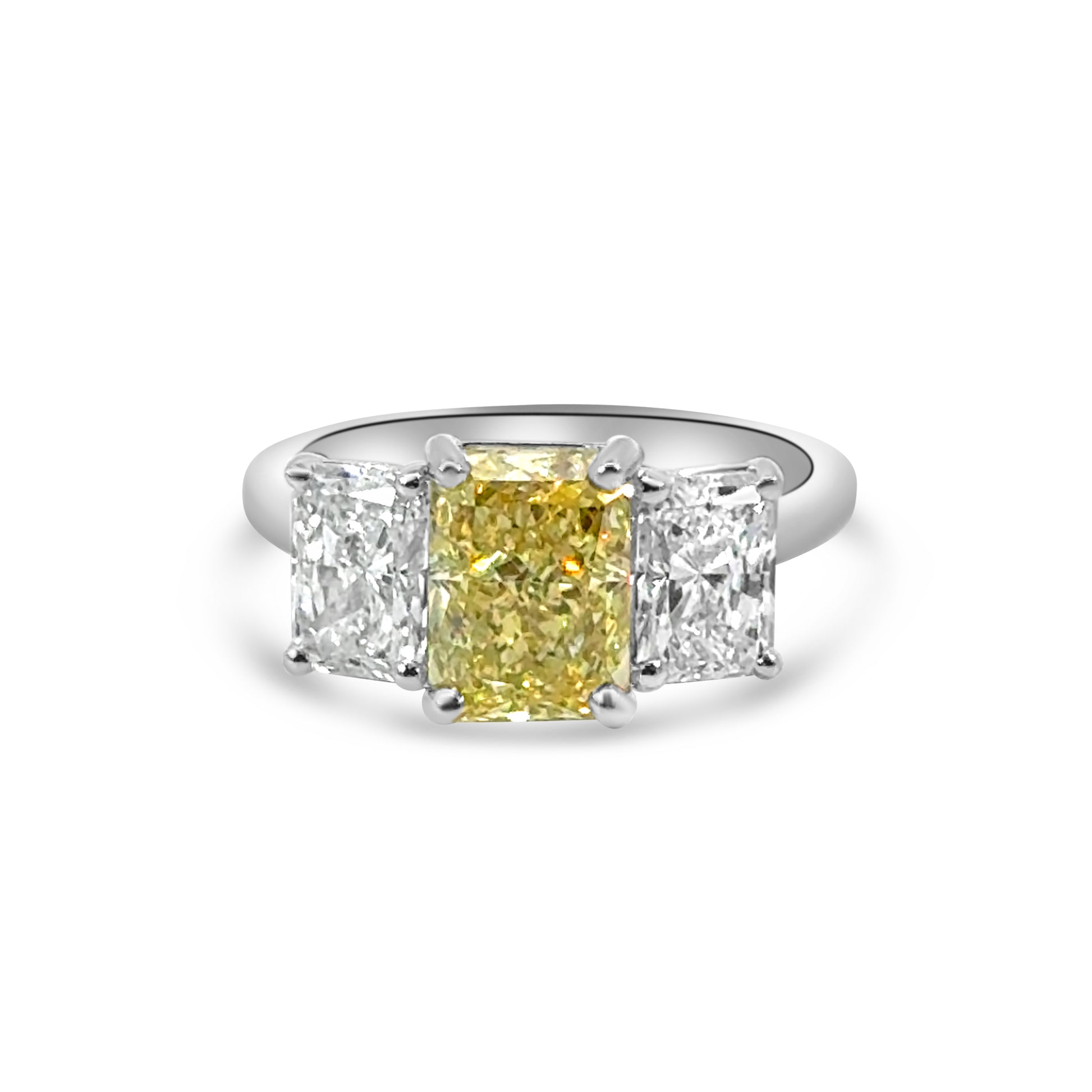 Lab Diamond Platinum Radiant Cut Three Stone Yellow Engagement Ring