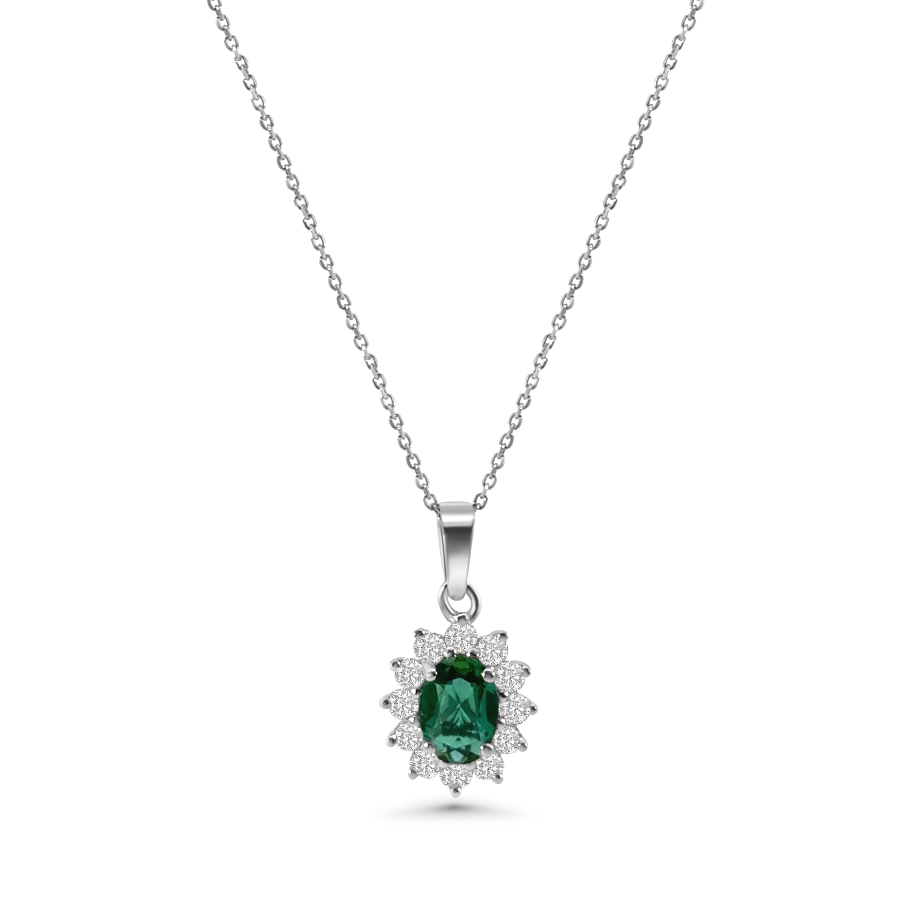 9kt Lab Grown Emerald and Diamond Cluster Pendant and Chain