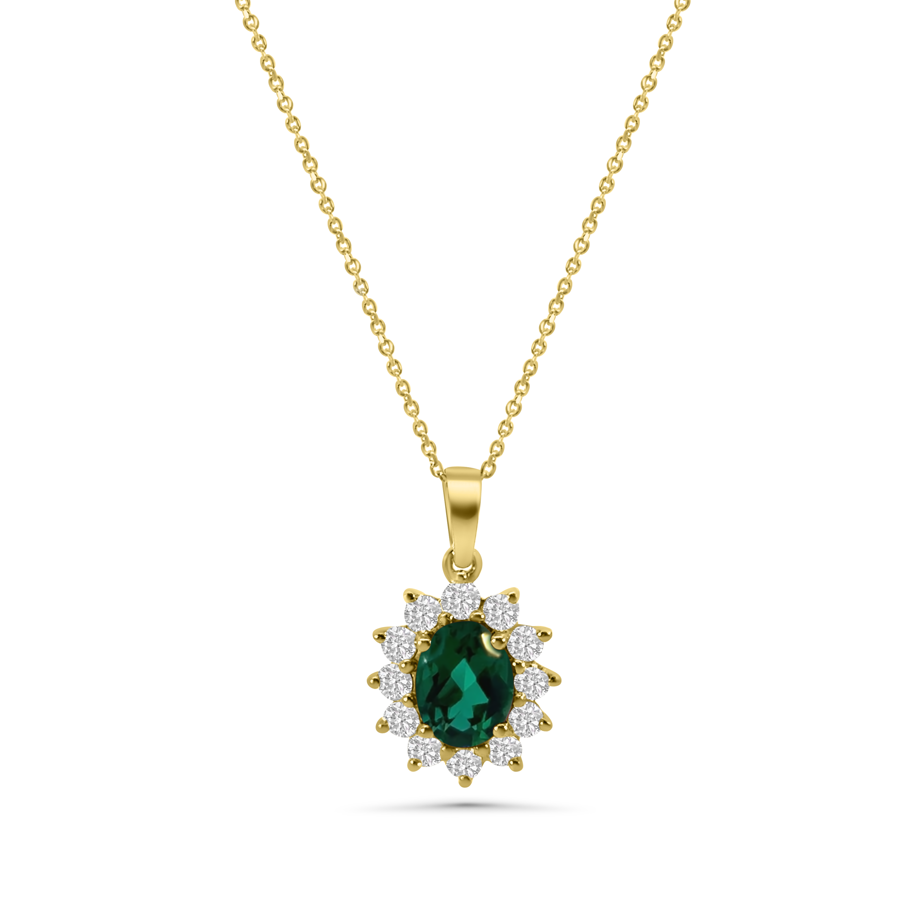 9kt Lab Grown Emerald and Diamond Cluster Pendant and Chain