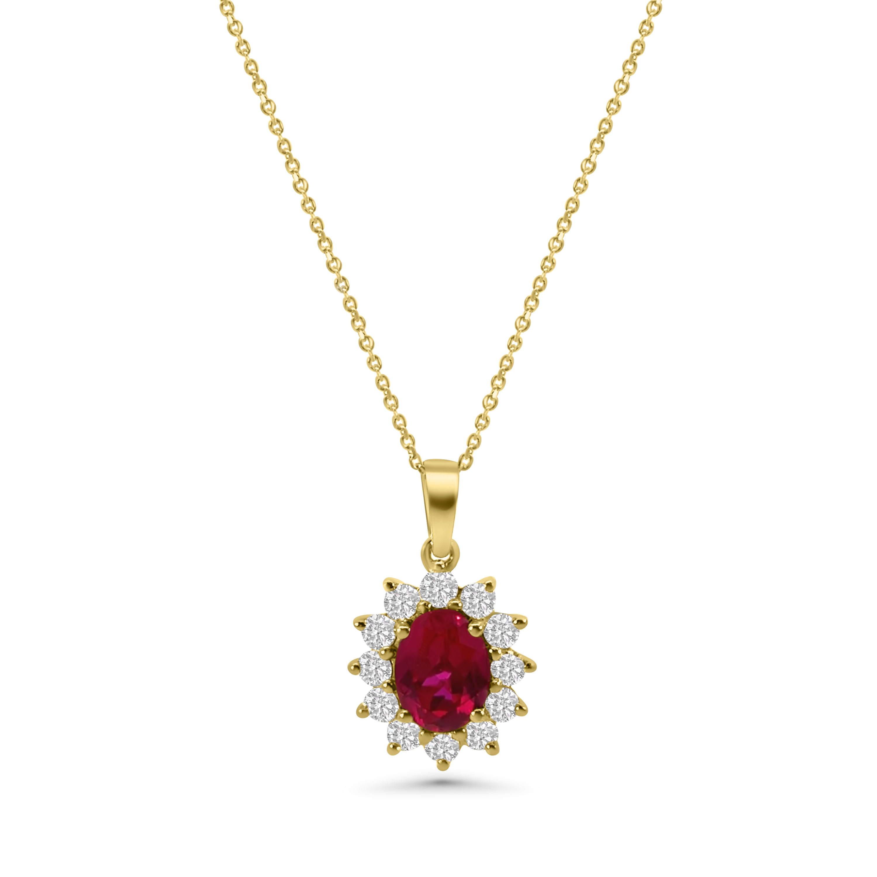 9kt Lab Grown Ruby and Diamond Cluster Pendant and Chain