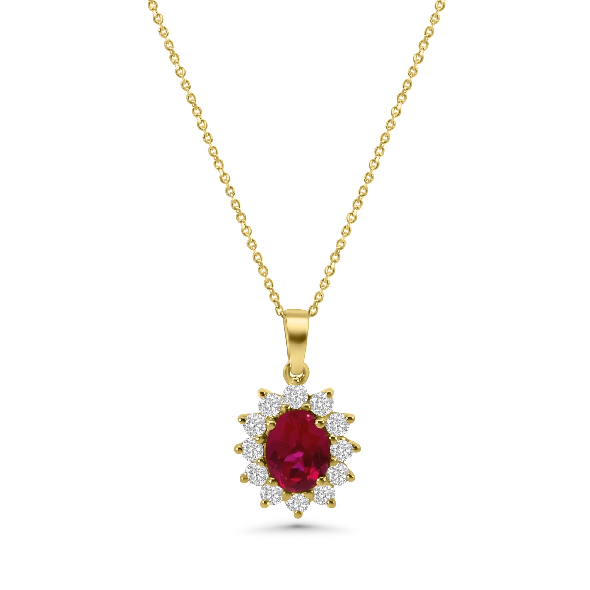 9kt Lab Grown Ruby and Diamond Cluster Pendant and Chain