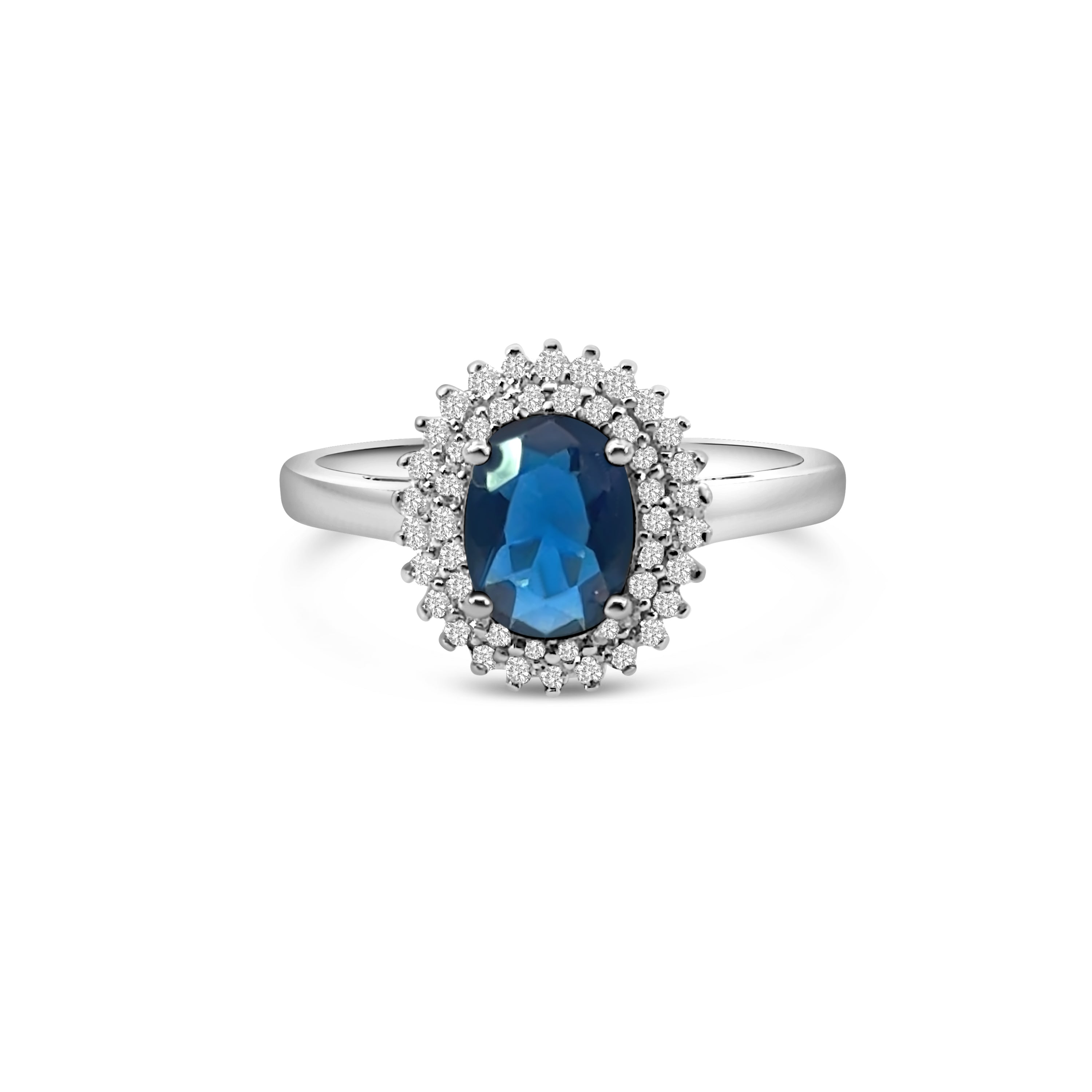 Blue Oval CZ Double Halo Dress Ring