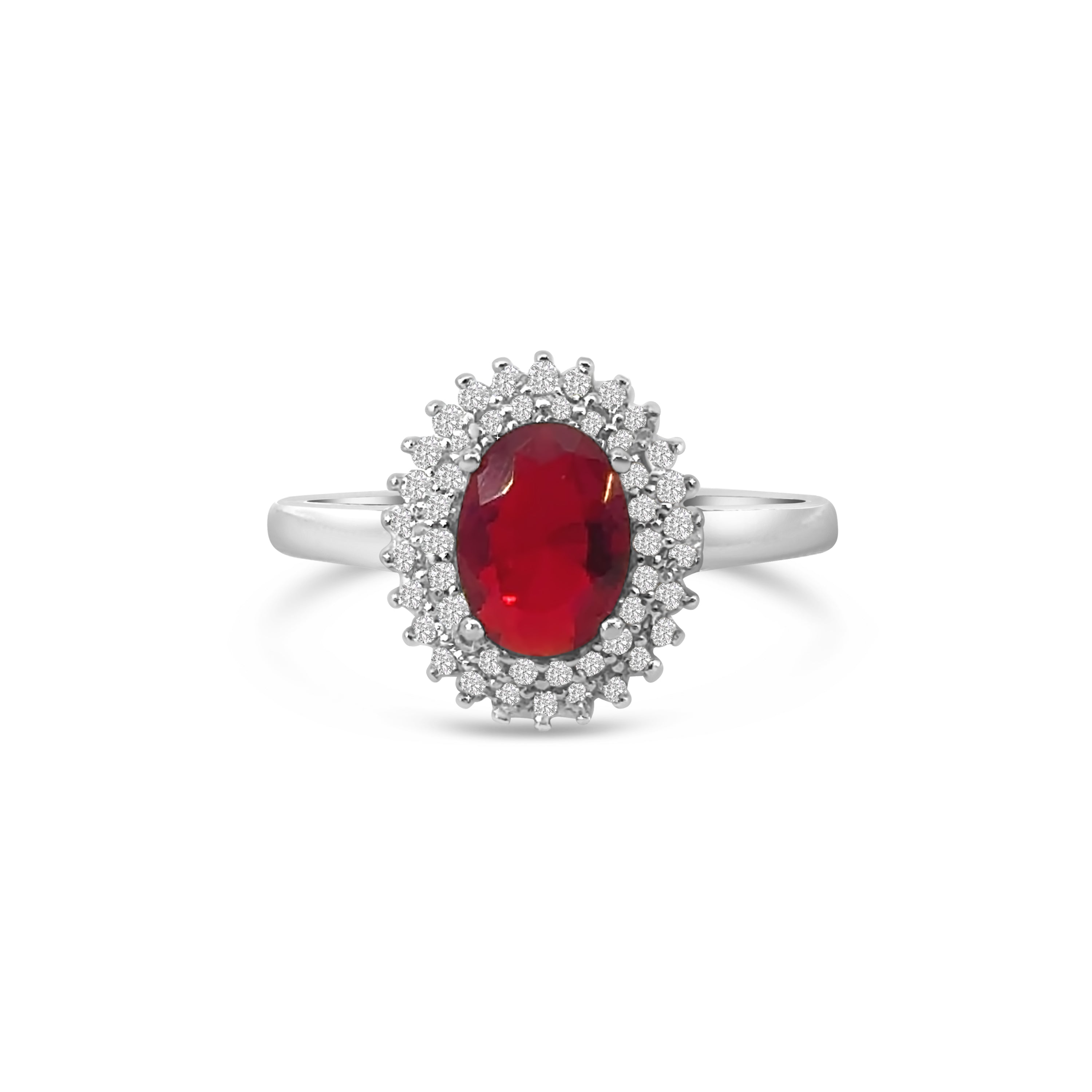Red Oval CZ Double Halo Dress Ring