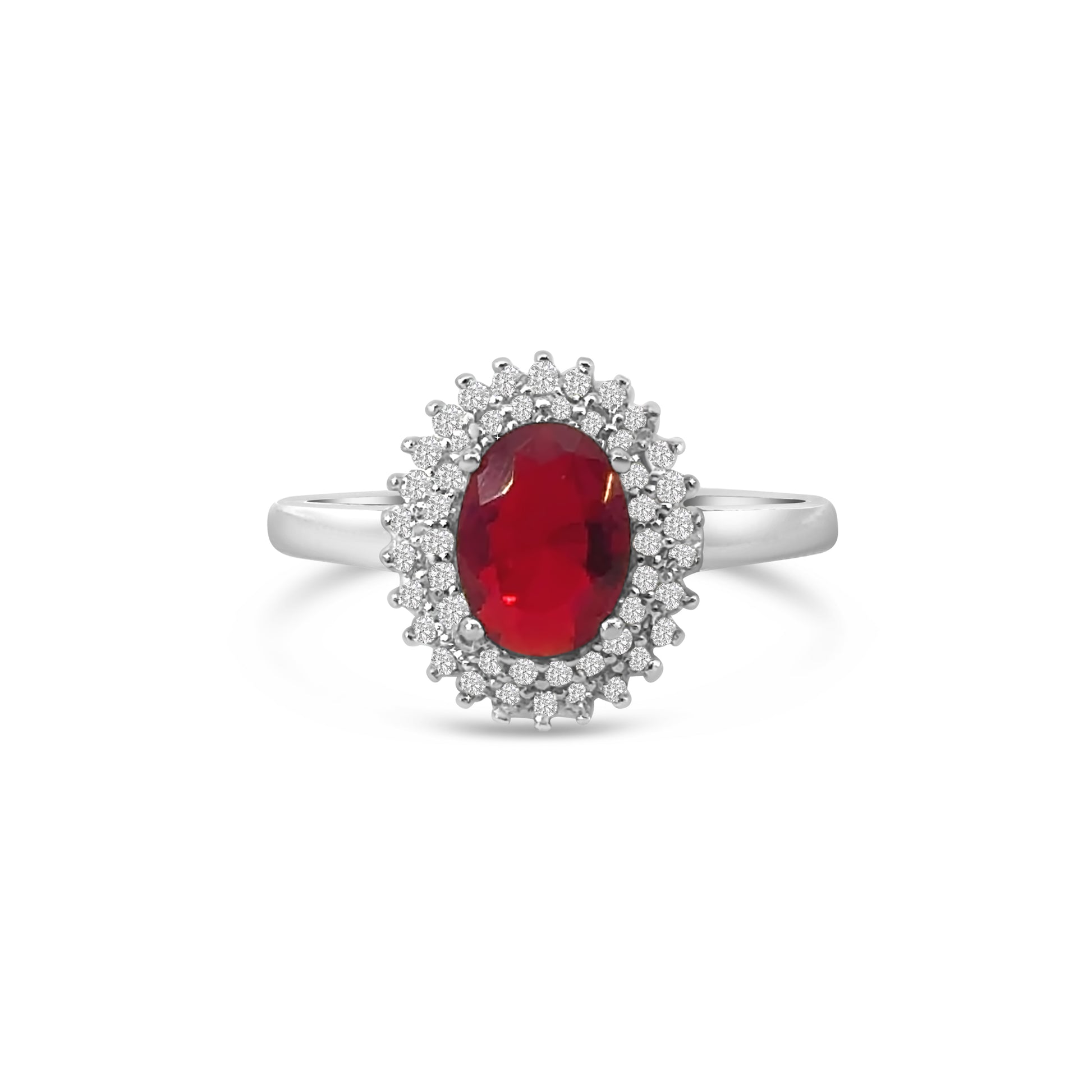 Red Oval CZ Double Halo Dress Ring