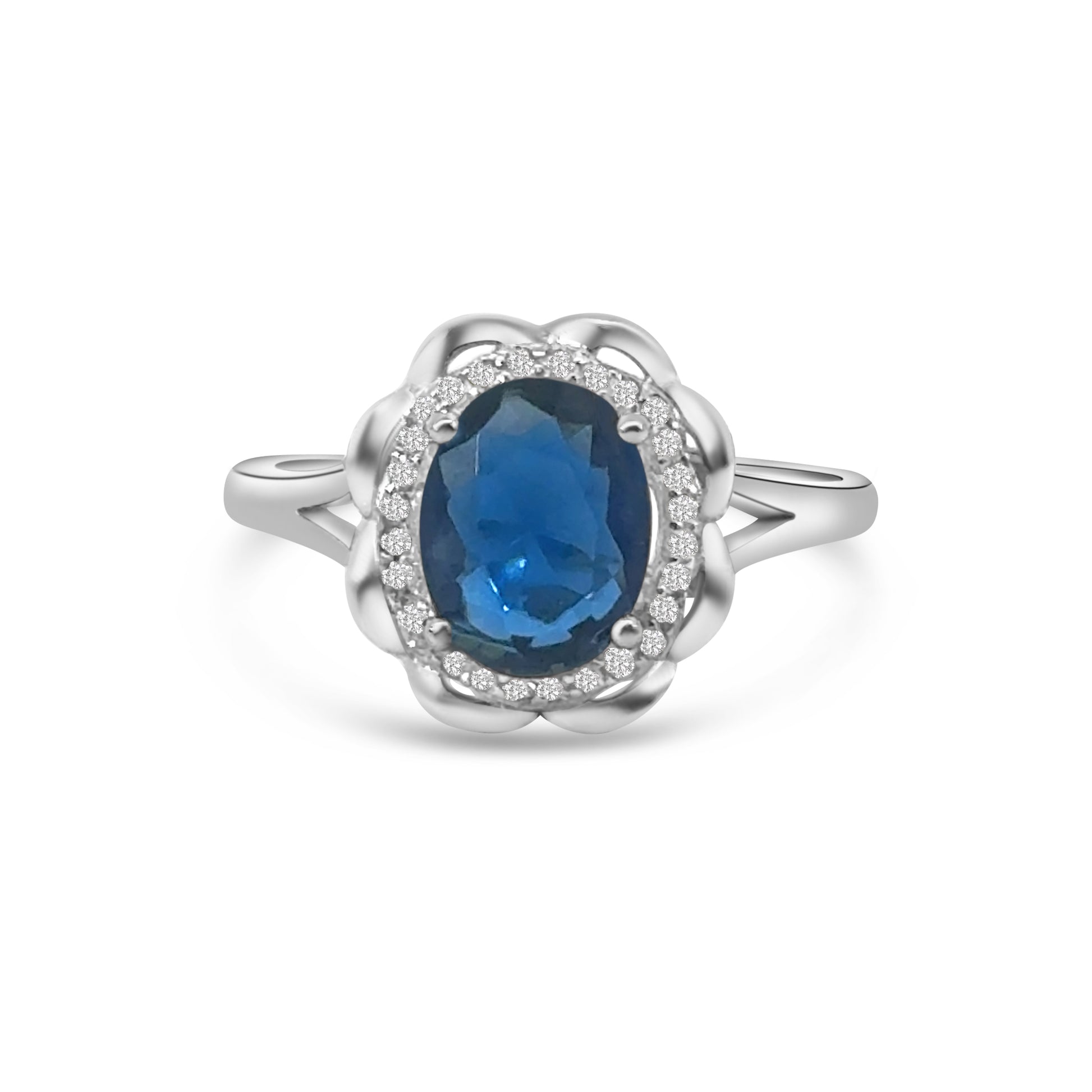 Blue Oval Cut CZ Halo Dress Ring