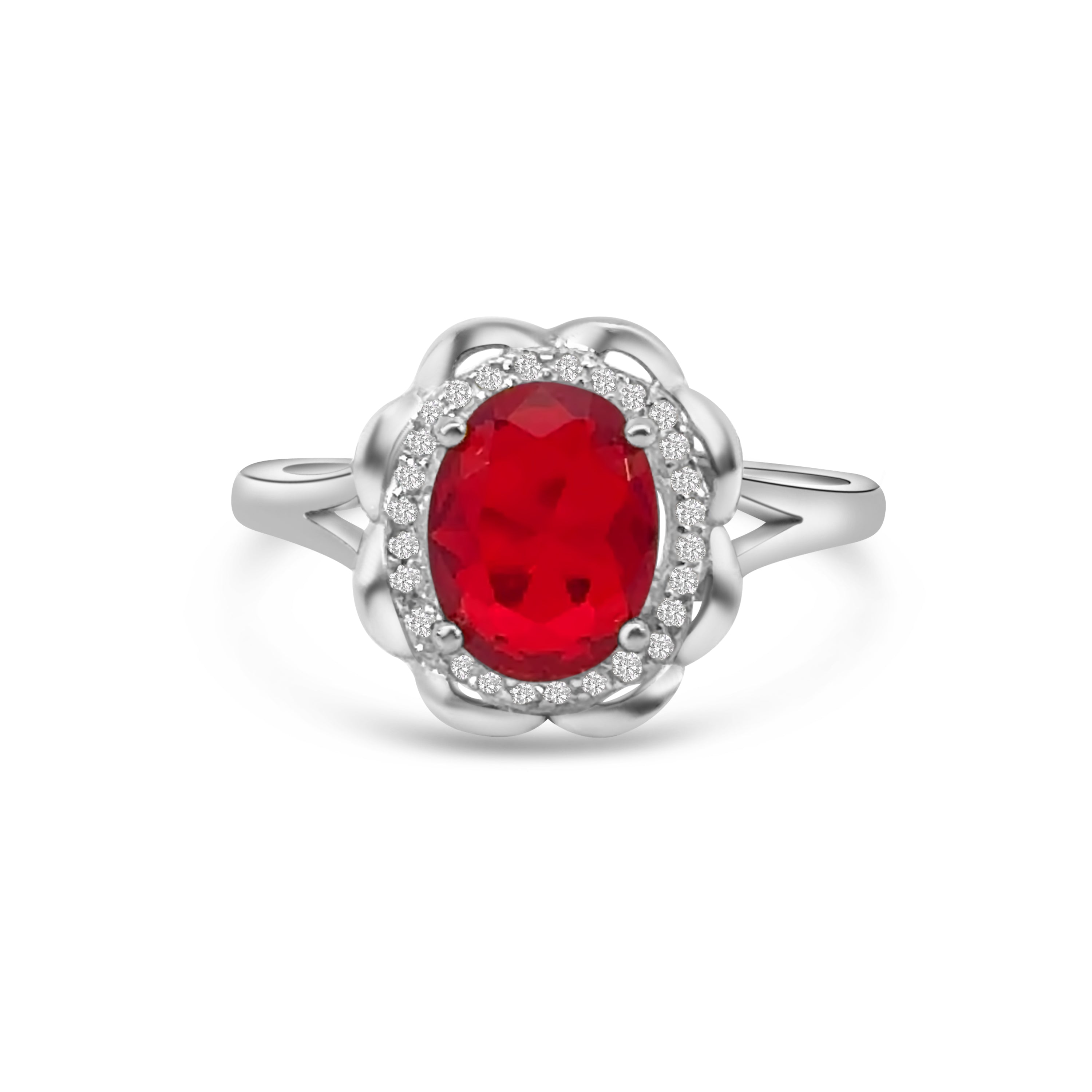 Red Oval Cut CZ Halo Dress Ring