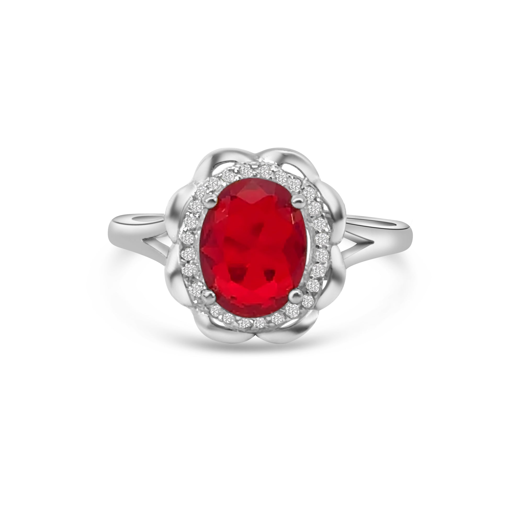 Red Oval Cut CZ Halo Dress Ring