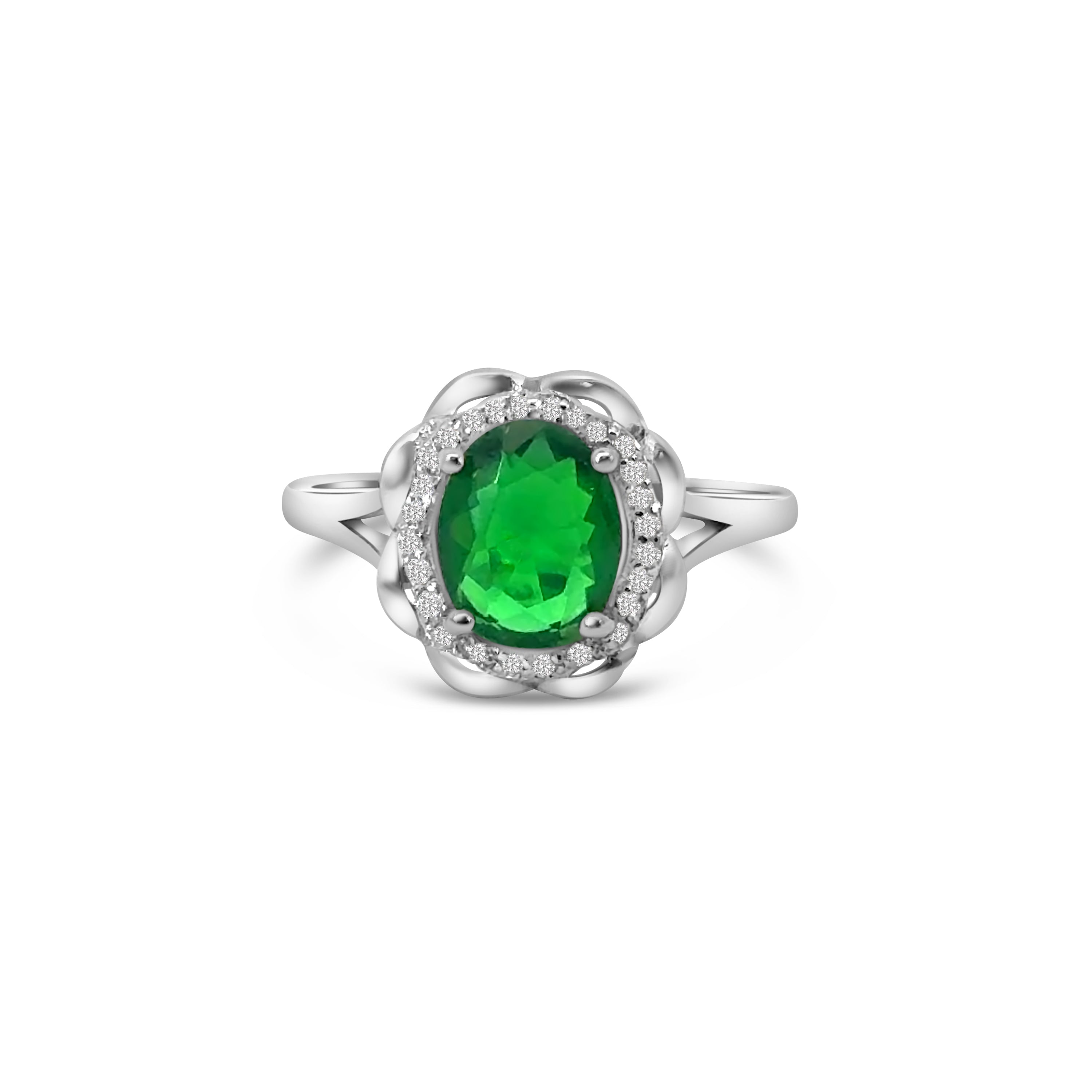 Green Oval Cut CZ Halo Dress Ring