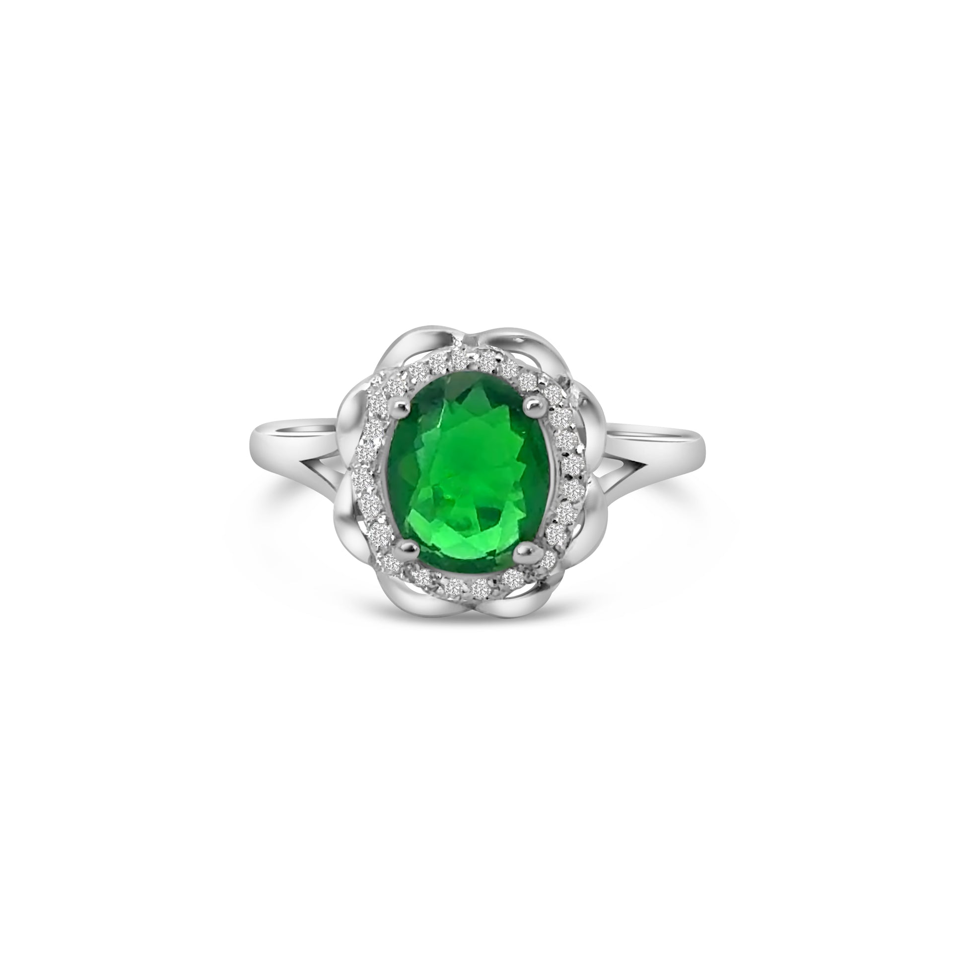 Green Oval Cut CZ Halo Dress Ring