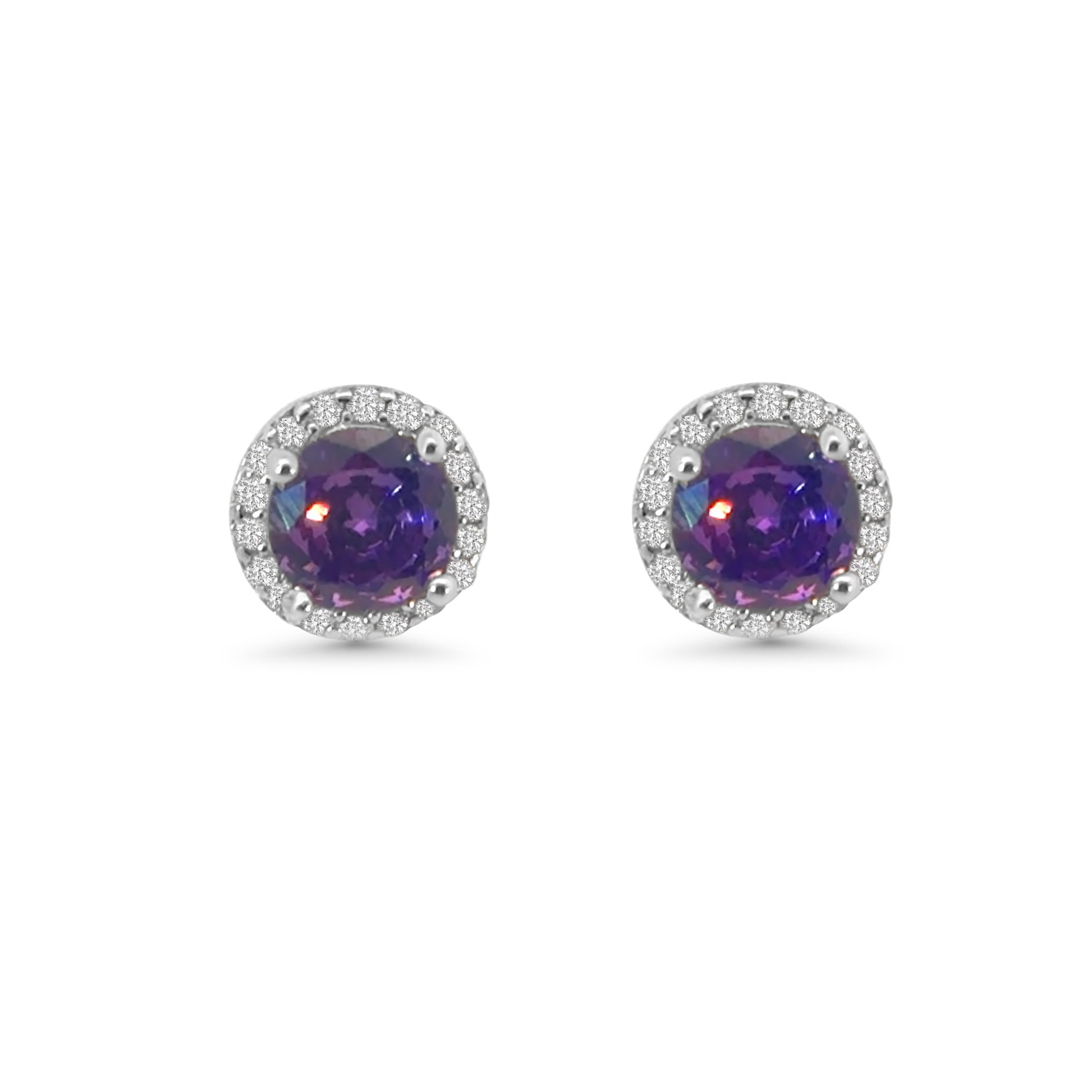 Purple CZ Round Halo Earrings