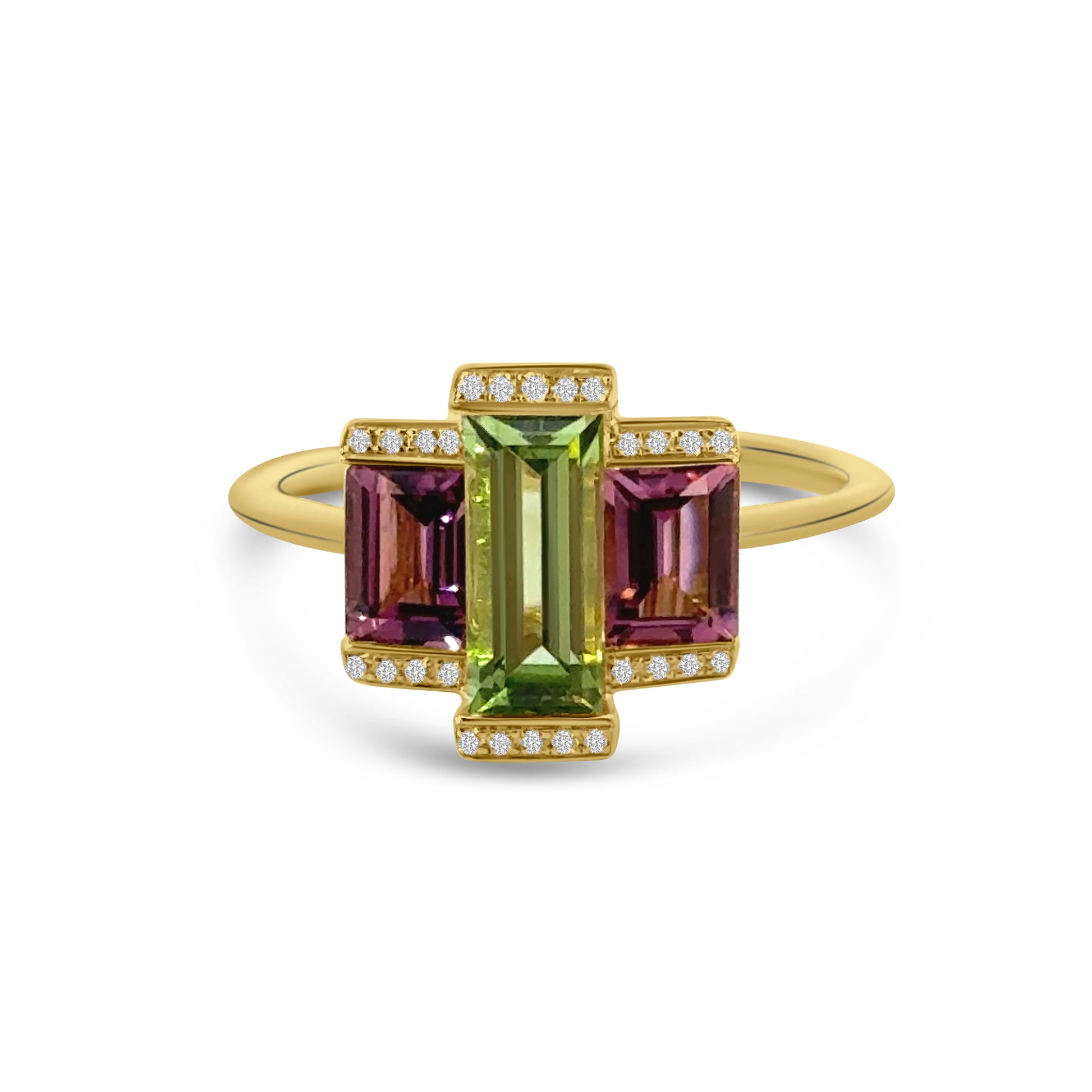 18kt Pink Touemaline, Peridot and Diamond Dress Ring